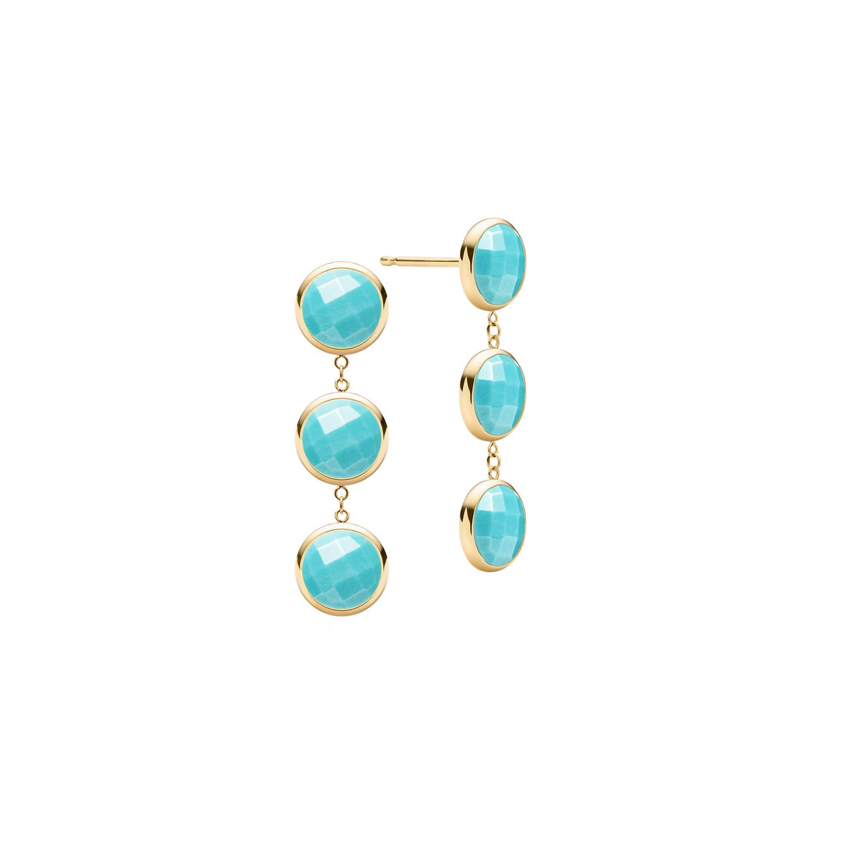 Pair of 14k yellow gold Grand stud earrings each featuring three 6 mm briolette cut bezel set turquoises - front view