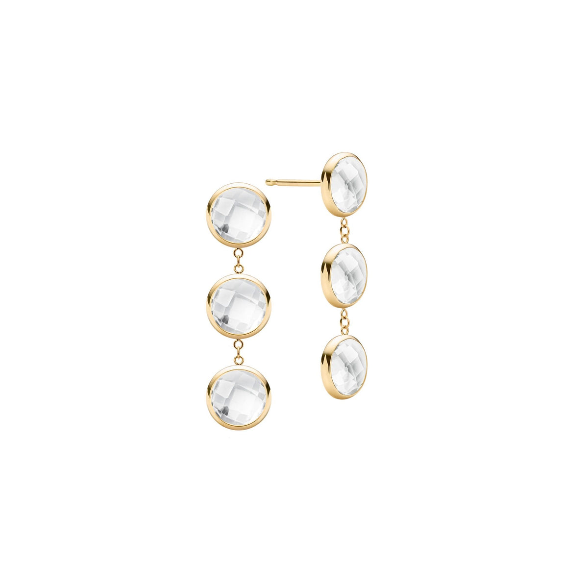 Pair of 14k yellow gold Grand stud earrings each featuring three 6 mm briolette cut bezel set white topaz - front view