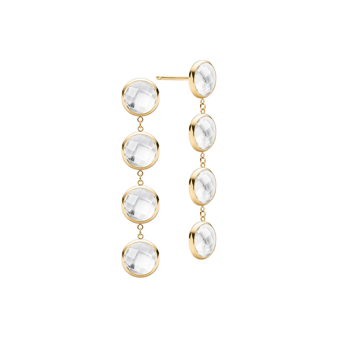 Pair of 14k yellow gold Grand stud earrings each featuring four 6 mm briolette cut bezel set white topaz - front view