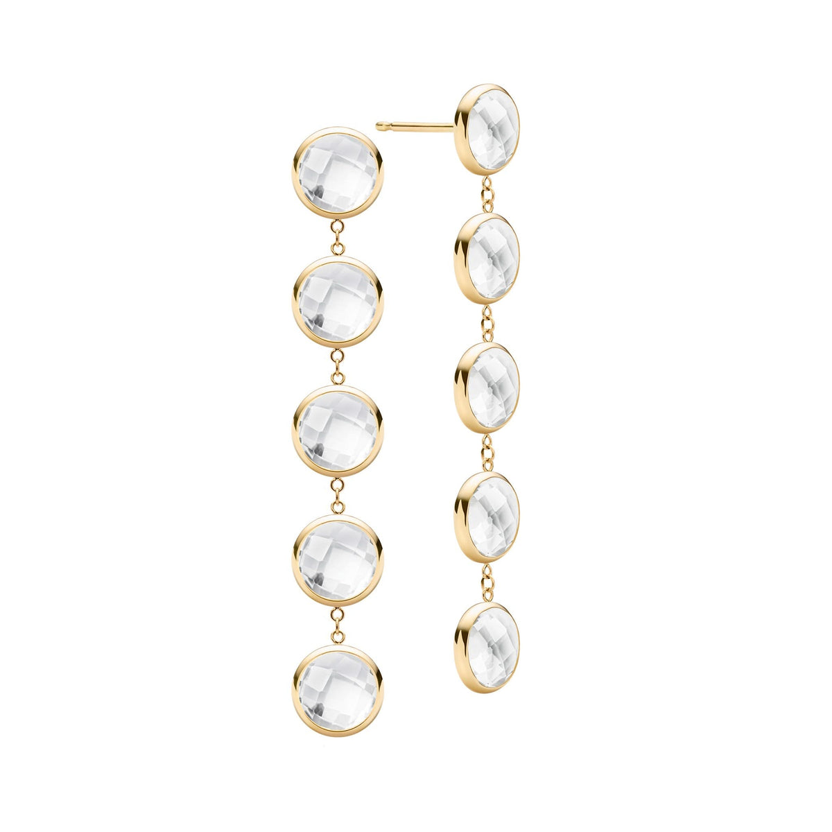 Pair of 14k yellow gold Grand stud earrings each featuring five 6 mm briolette cut bezel set white topaz - front view