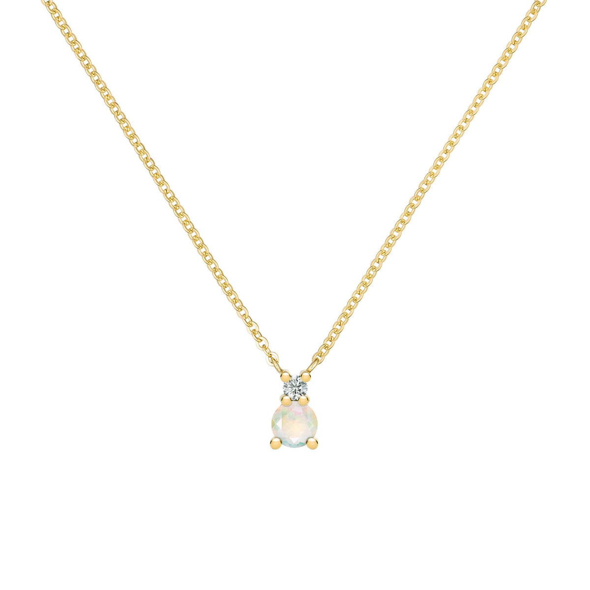 Greenwich cable chain necklace featuring one 4 mm opal and one 2.1 mm diamond bezel set in 14k gold - front view