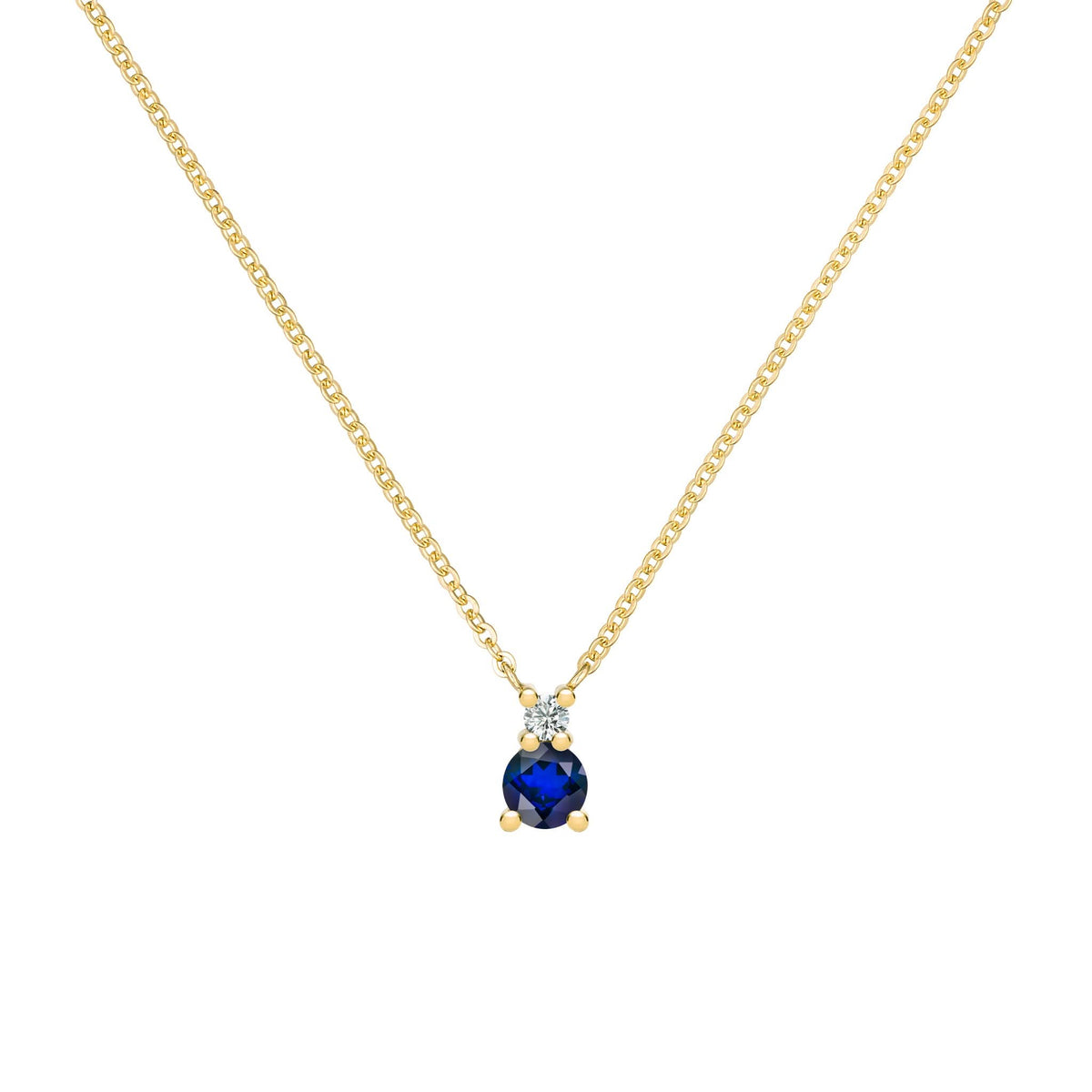 Greenwich cable chain necklace featuring one 4 mm sapphire and one 2.1 mm diamond bezel set in 14k gold - front view
