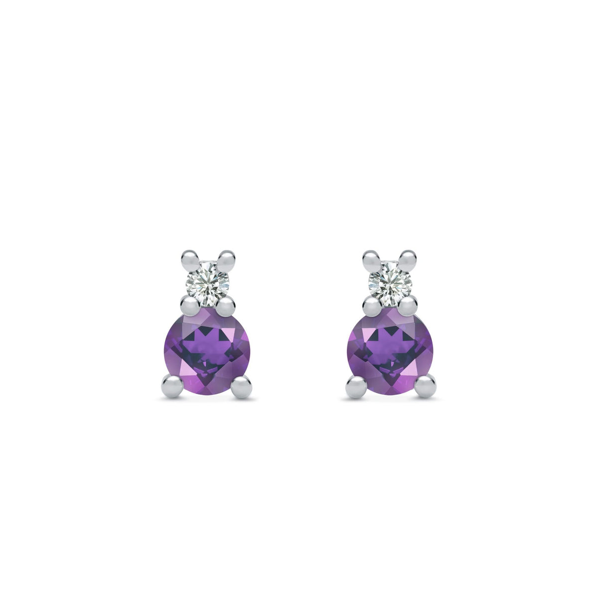 Pair of 14k white gold Greenwich 1 Birthstone earrings each featuring one 4 mm amethyst and one 2.1 mm diamond