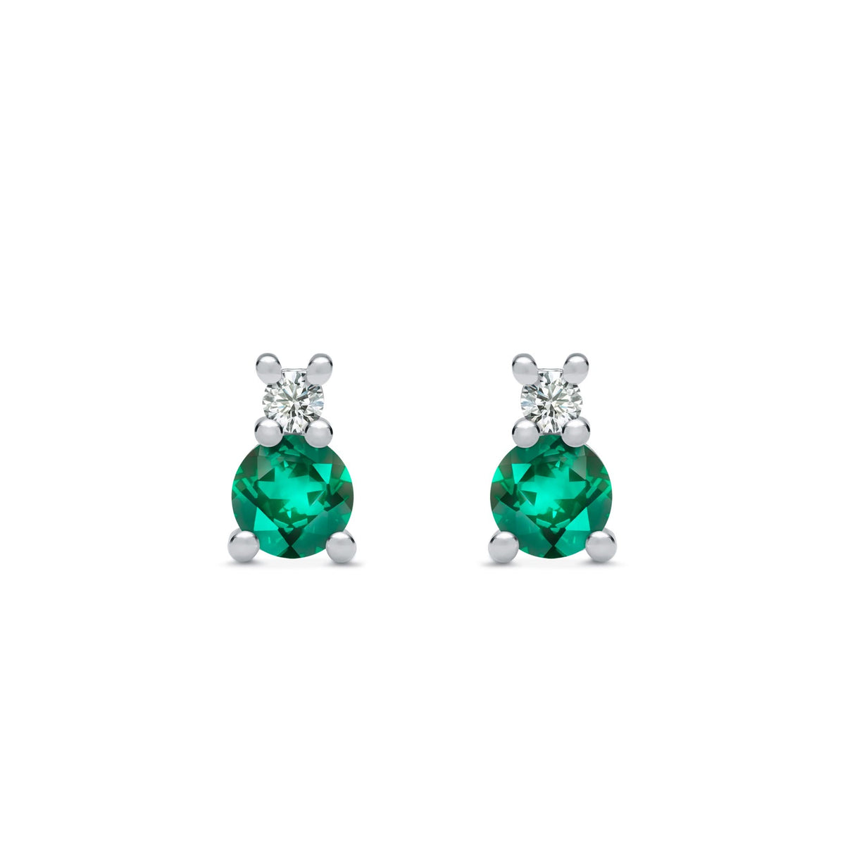 Pair of 14k white gold Greenwich 1 Birthstone earrings each featuring one 4 mm emerald and one 2.1 mm diamond