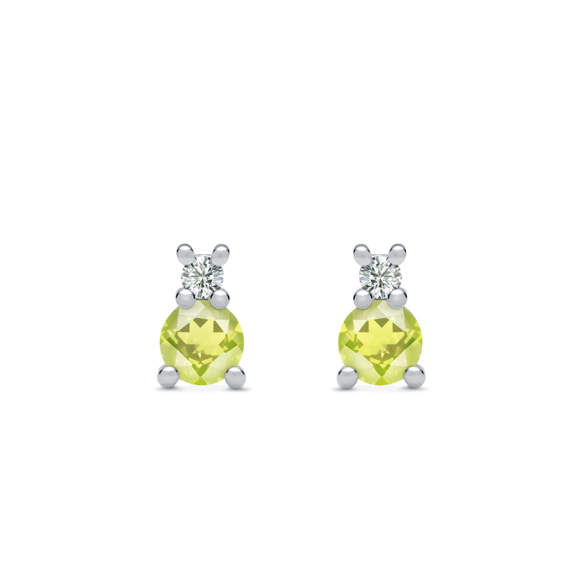 Pair of 14k white gold Greenwich 1 Birthstone earrings each featuring one 4 mm peridot and one 2.1 mm diamond