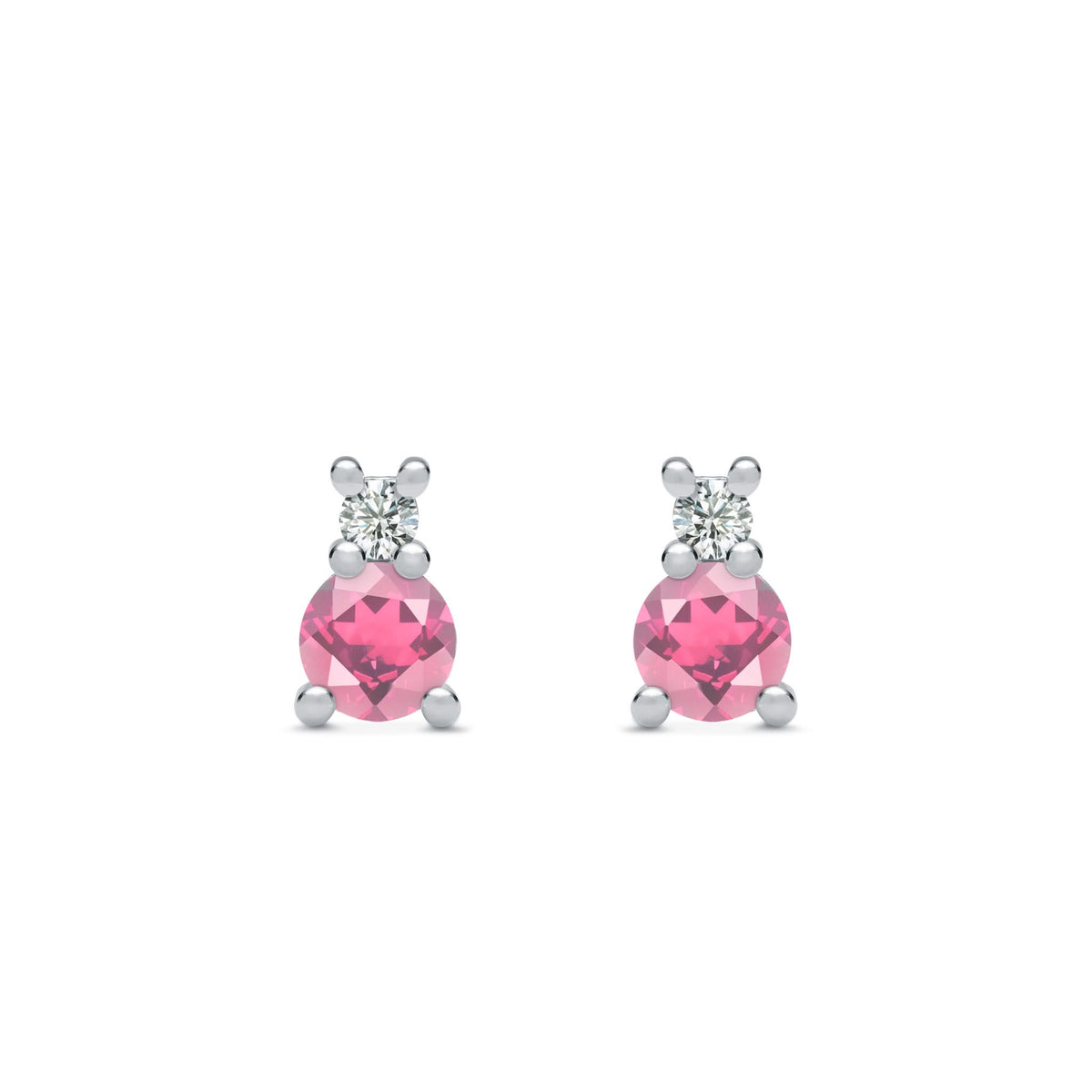 Pair of 14k white gold Greenwich 1 Birthstone earrings each featuring one 4 mm pink tourmaline and one 2.1 mm diamond