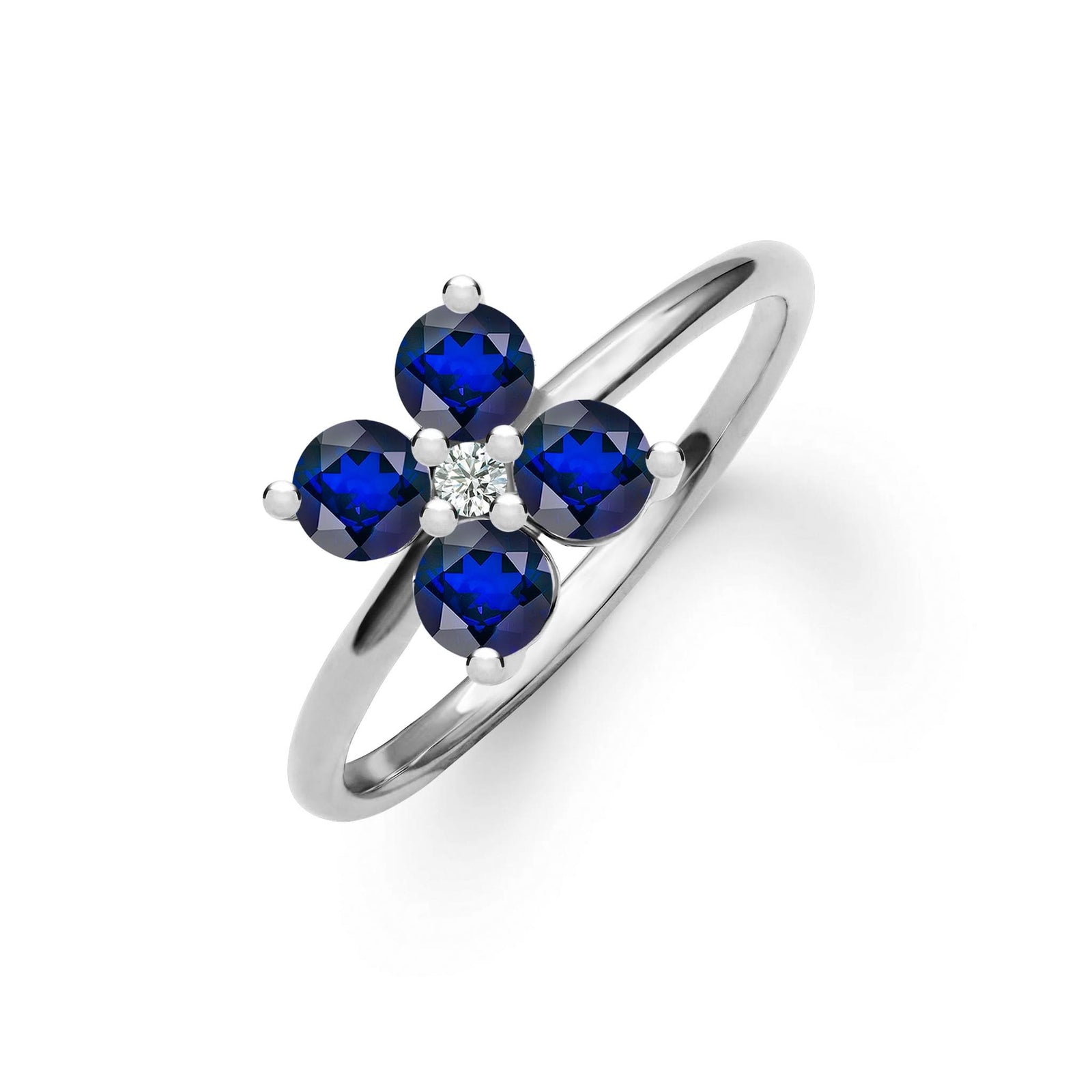 Greenwich ring featuring four 4 mm faceted round cut sapphires and one 2.1 mm diamond prong set in 14k white gold