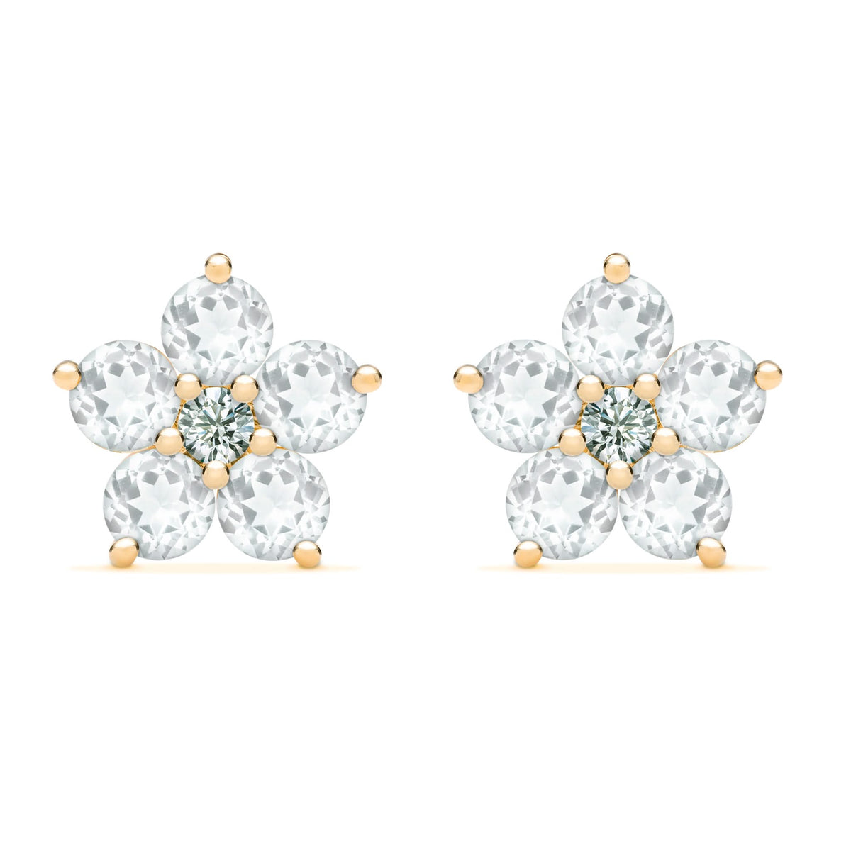 Pair of 14k yellow gold Greenwich 5 Birthstone earrings each featuring five 4 mm white topaz and one 2.1 mm diamond