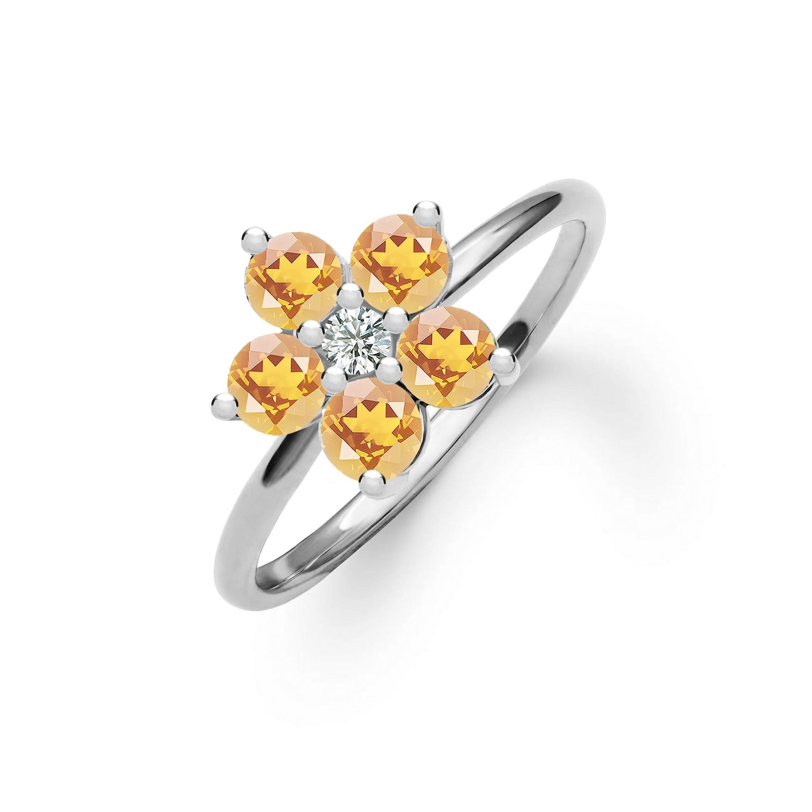 Greenwich ring featuring five 4 mm faceted round cut citrines and one 2.1 mm diamond prong set in 14k white gold