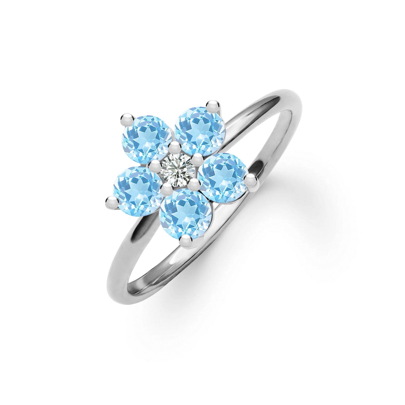 Greenwich ring featuring five 4 mm round cut Nantucket blue topaz and one 2.1 mm diamond prong set in 14k white gold