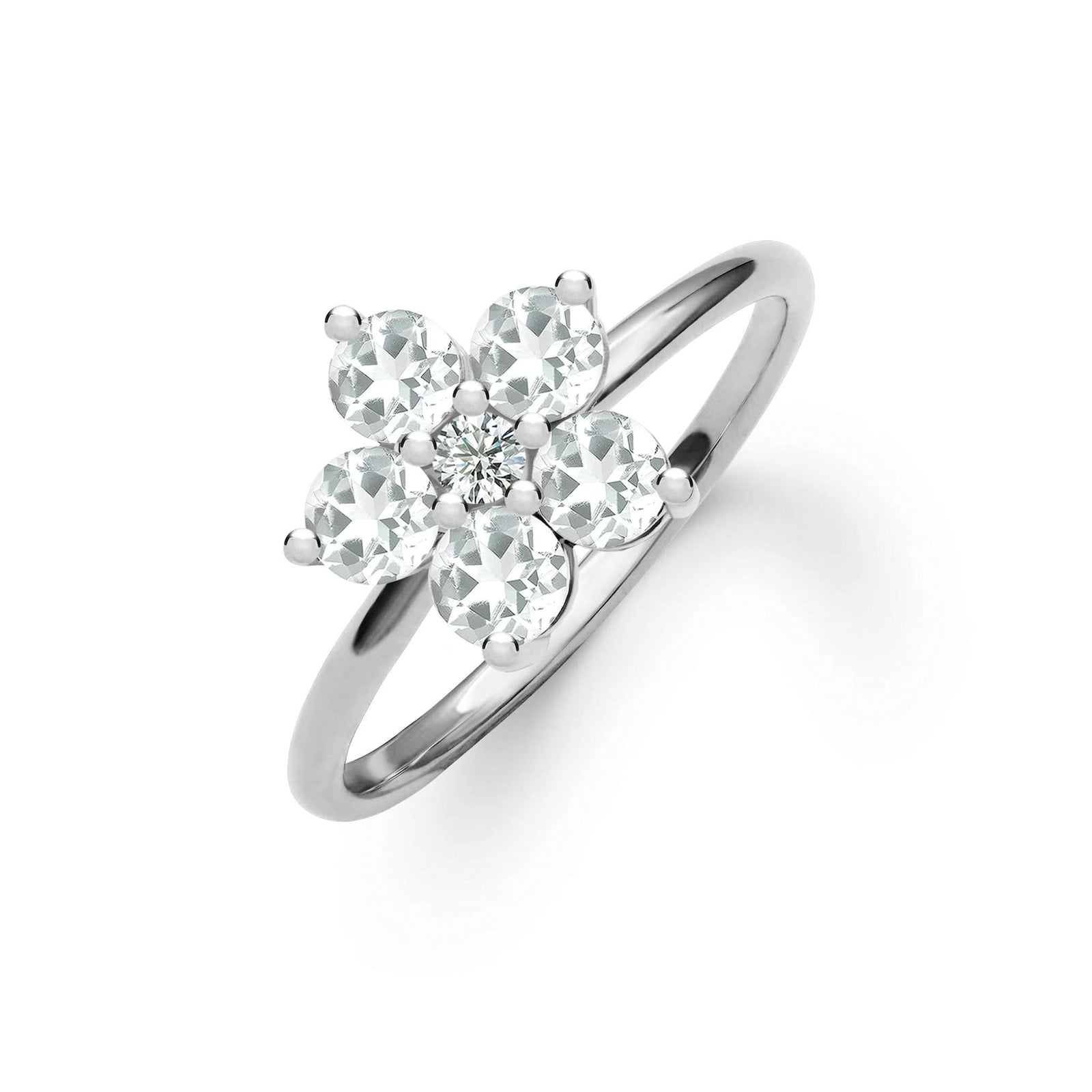 Greenwich ring featuring five 4 mm faceted round cut white topaz and one 2.1 mm diamond prong set in 14k white gold
