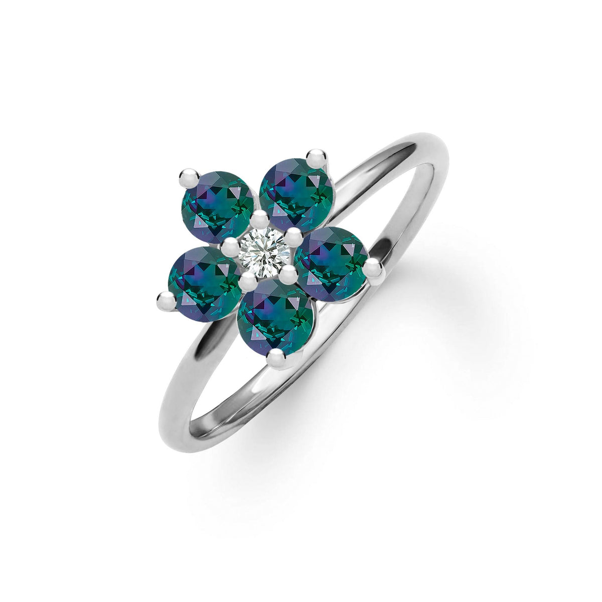 Greenwich ring featuring five 4 mm faceted round cut alexandrites and one 2.1 mm diamond prong set in 14k white gold