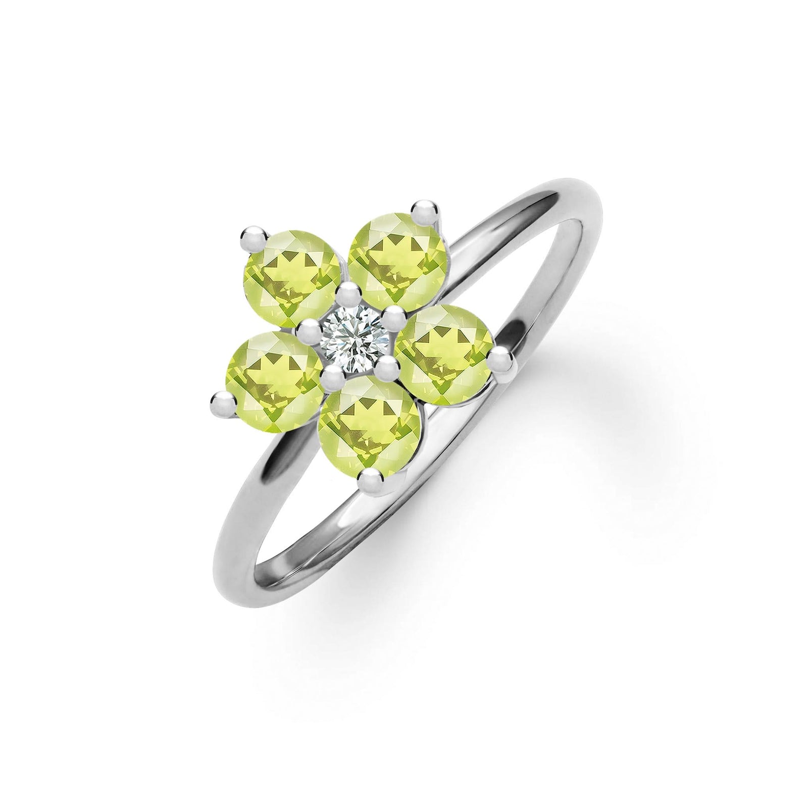 Greenwich ring featuring five 4 mm faceted round cut peridots and one 2.1 mm diamond prong set in 14k white gold