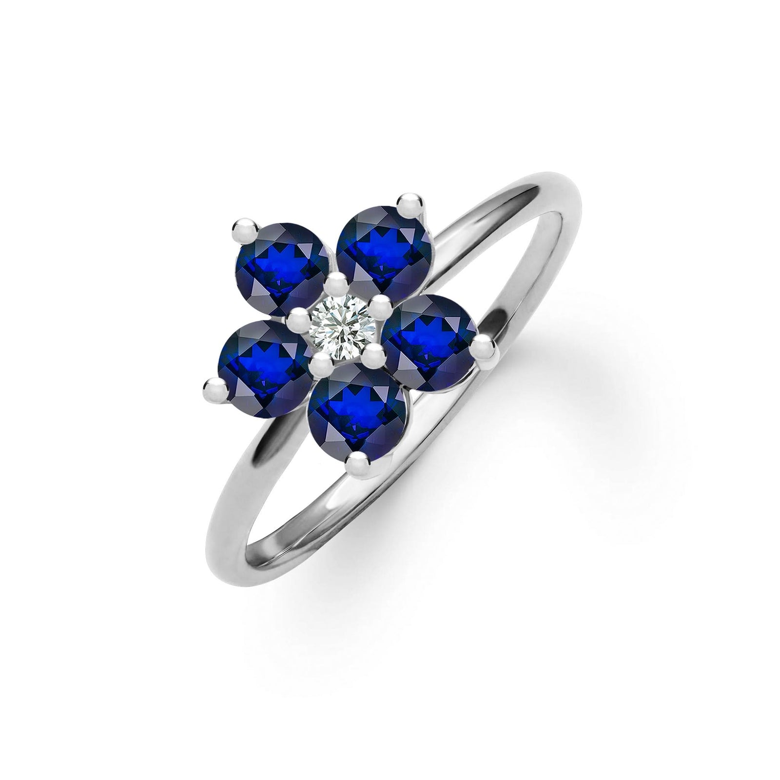 Greenwich ring featuring five 4 mm faceted round cut sapphires and one 2.1 mm diamond prong set in 14k white gold