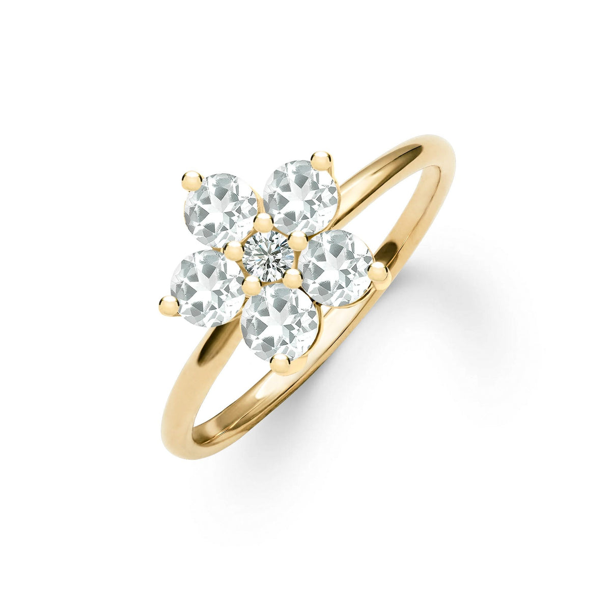 Greenwich ring featuring five 4 mm faceted round cut white topaz and one 2.1 mm diamond prong set in 14k gold - angled view