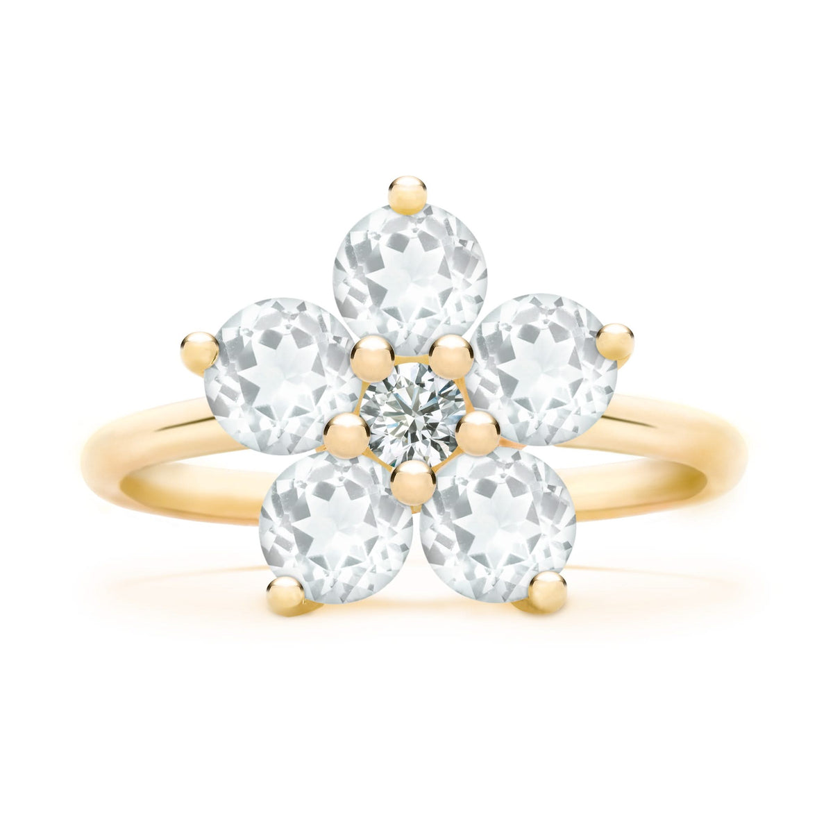 Greenwich ring featuring five 4 mm faceted round cut white topaz and one 2.1 mm diamond prong set in 14k gold - front view