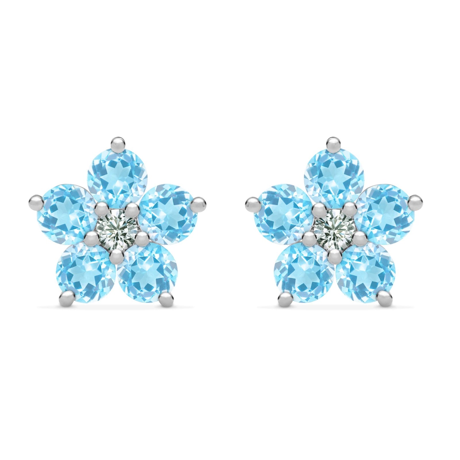 Pair of 14k white gold Greenwich 5 Birthstone earrings each featuring five 4 mm Nantucket blue topaz and one 2.1 mm diamond