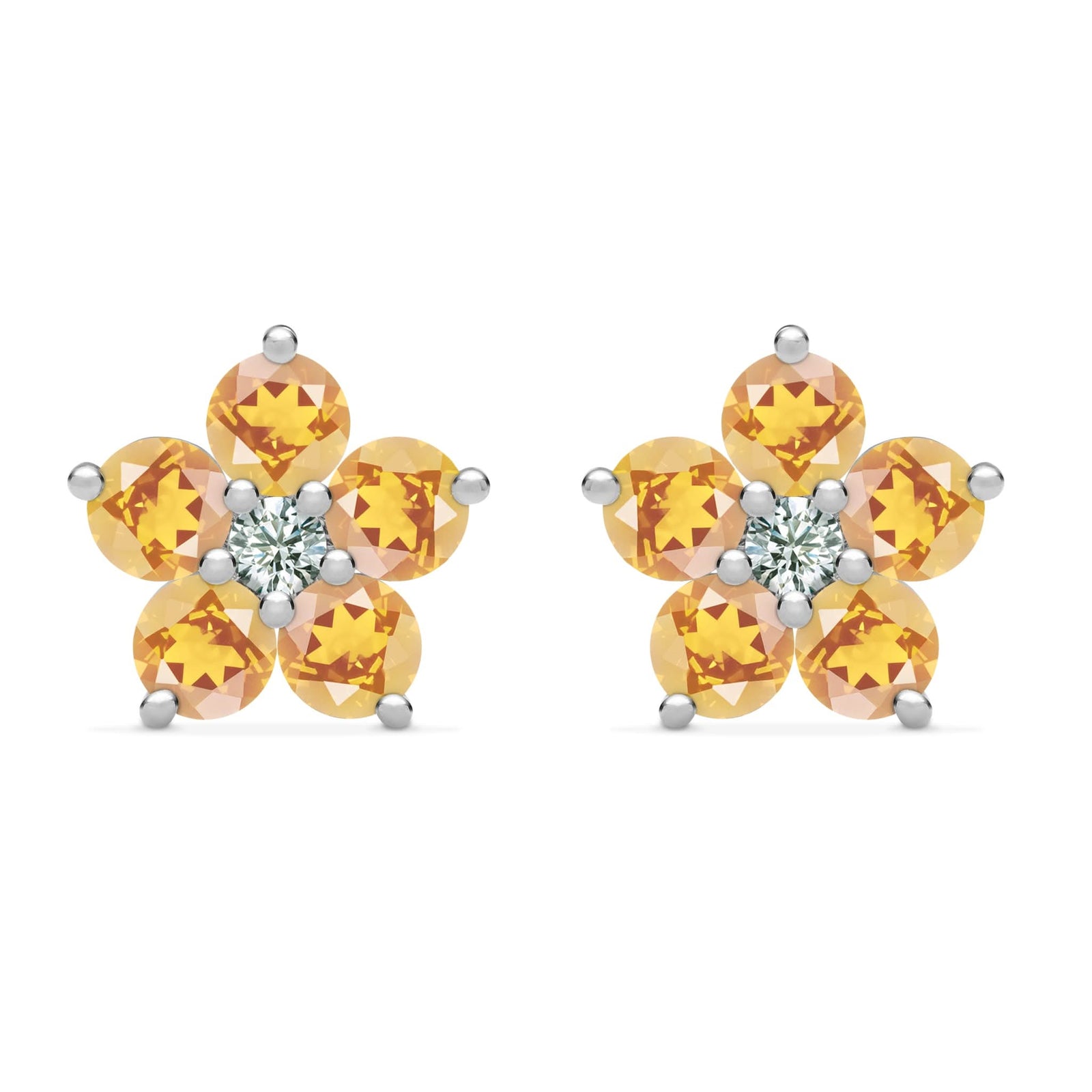 Pair of 14k white gold Greenwich 5 Birthstone earrings each featuring five 4 mm citrines and one 2.1 mm diamond