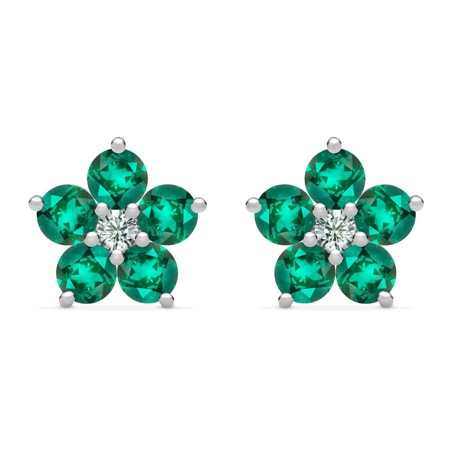 Pair of 14k white gold Greenwich 5 Birthstone earrings each featuring five 4 mm emeralds and one 2.1 mm diamond