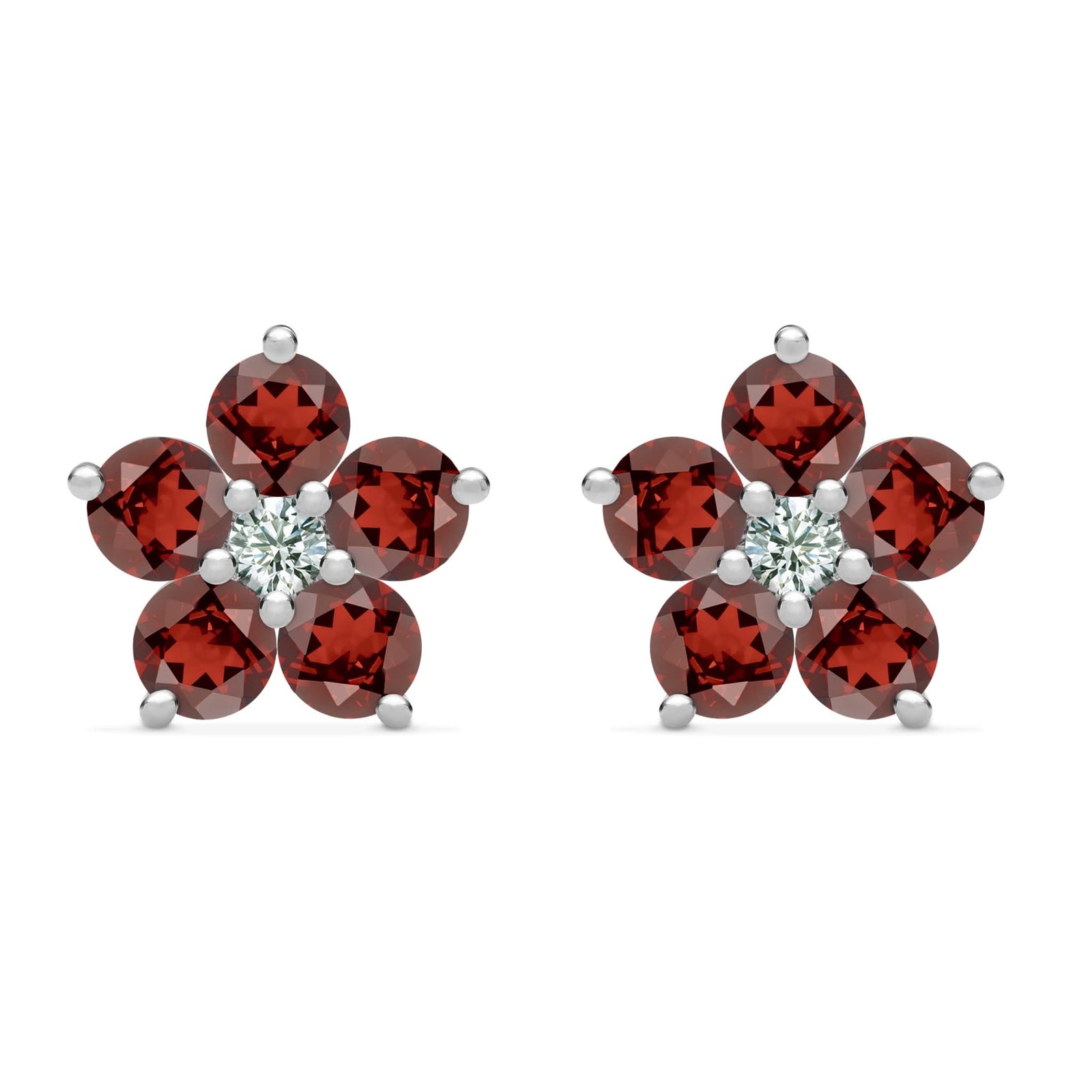 Pair of 14k white gold Greenwich 5 Birthstone earrings each featuring five 4 mm garnets and one 2.1 mm diamond