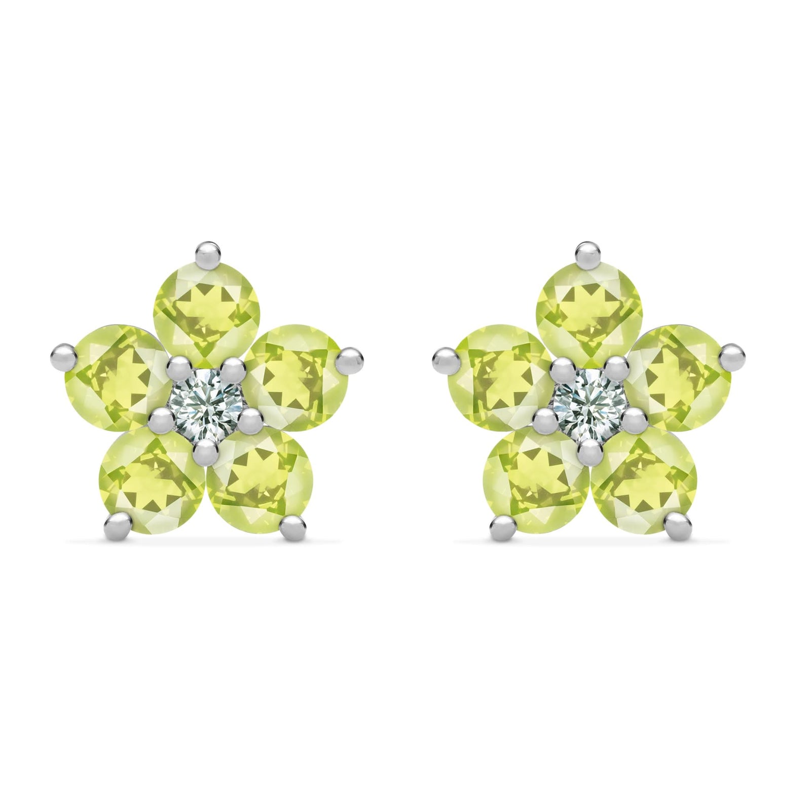 Pair of 14k white gold Greenwich 5 Birthstone earrings each featuring five 4 mm peridots and one 2.1 mm diamond