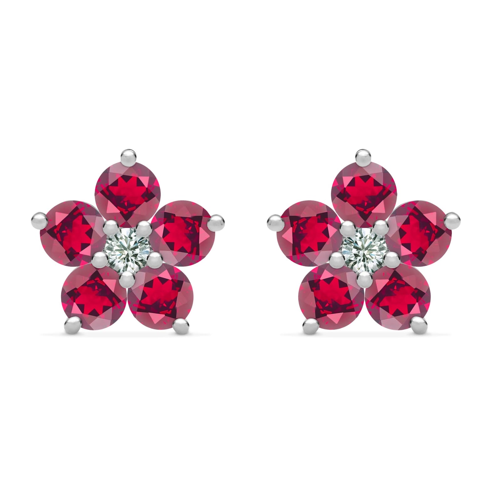 Pair of 14k white gold Greenwich 5 Birthstone earrings each featuring five 4 mm rubies and one 2.1 mm diamond