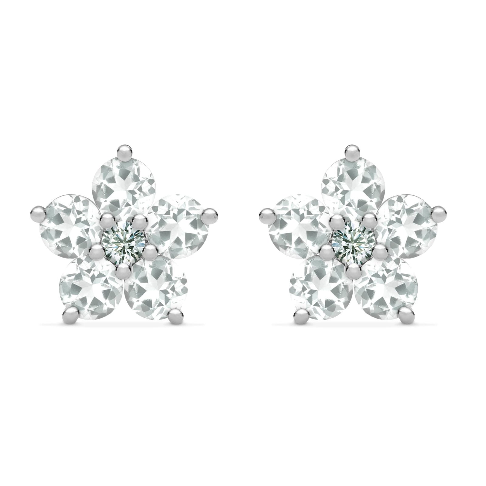 Pair of 14k white gold Greenwich 5 Birthstone earrings each featuring five 4 mm white topaz and one 2.1 mm diamond