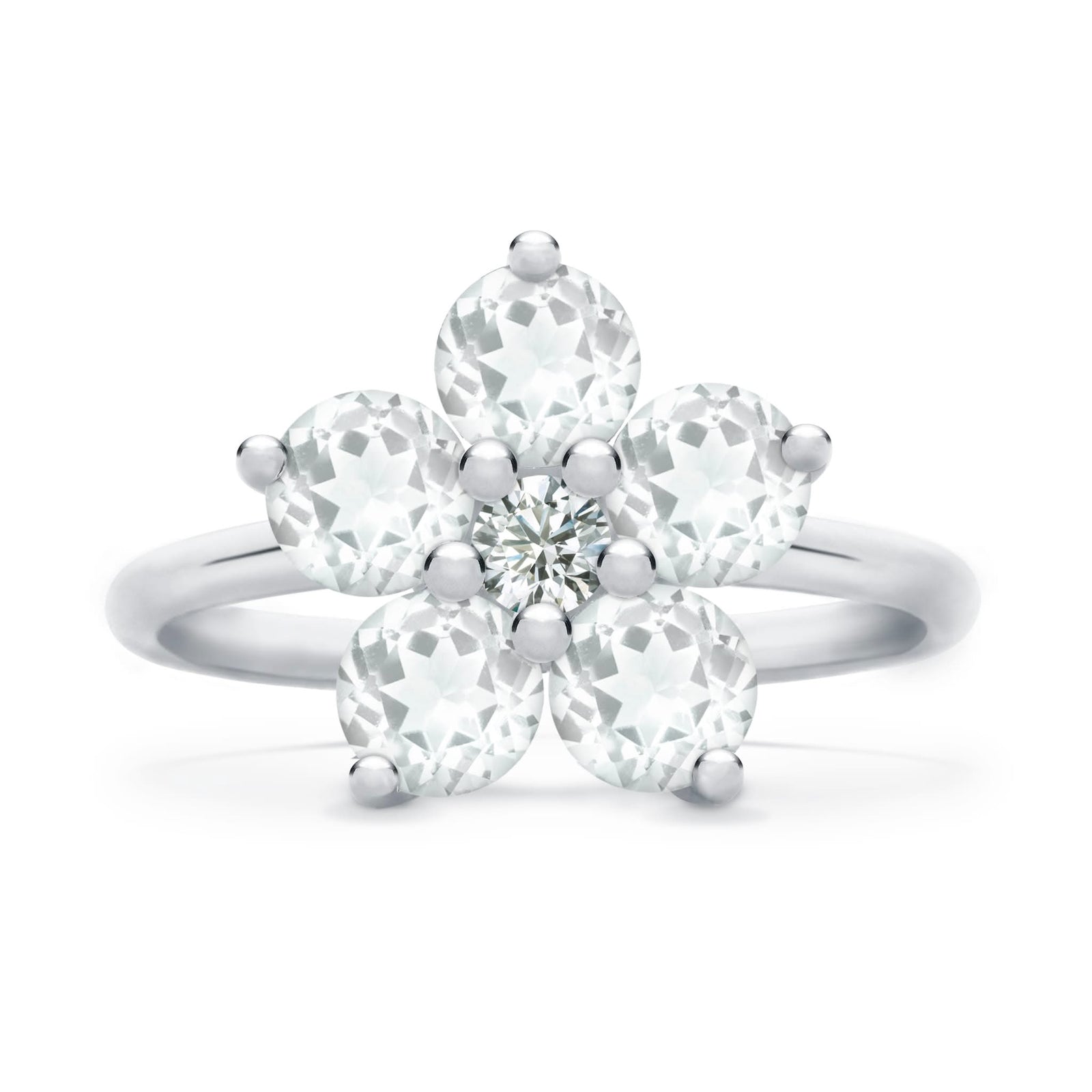 Greenwich ring featuring five 4 mm faceted round cut white topaz and one 2.1 mm diamond prong set in 14k white gold