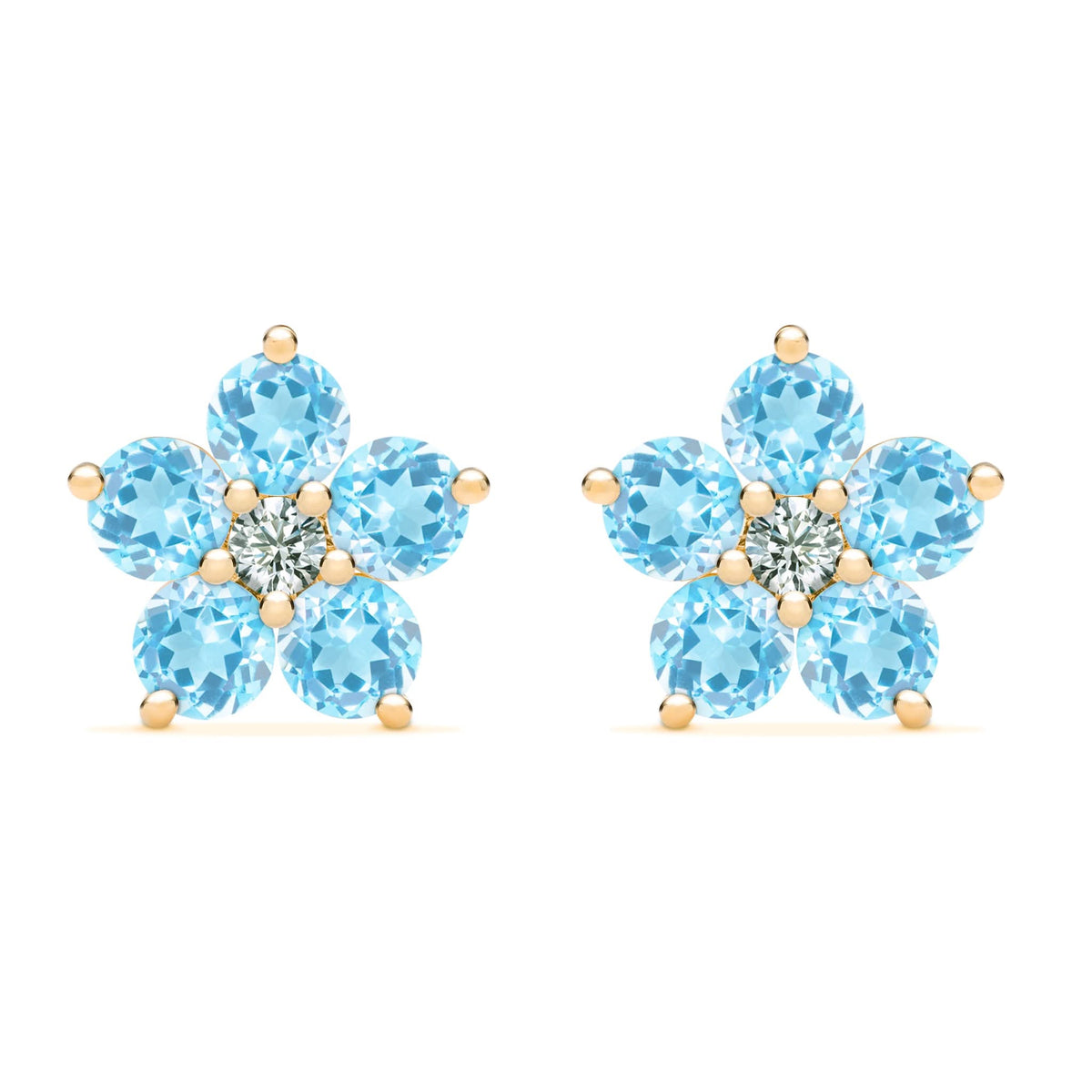 Pair of 14k yellow gold Greenwich 5 Birthstone earrings each featuring five 4 mm Nantucket blue topaz and one 2.1 mm diamond