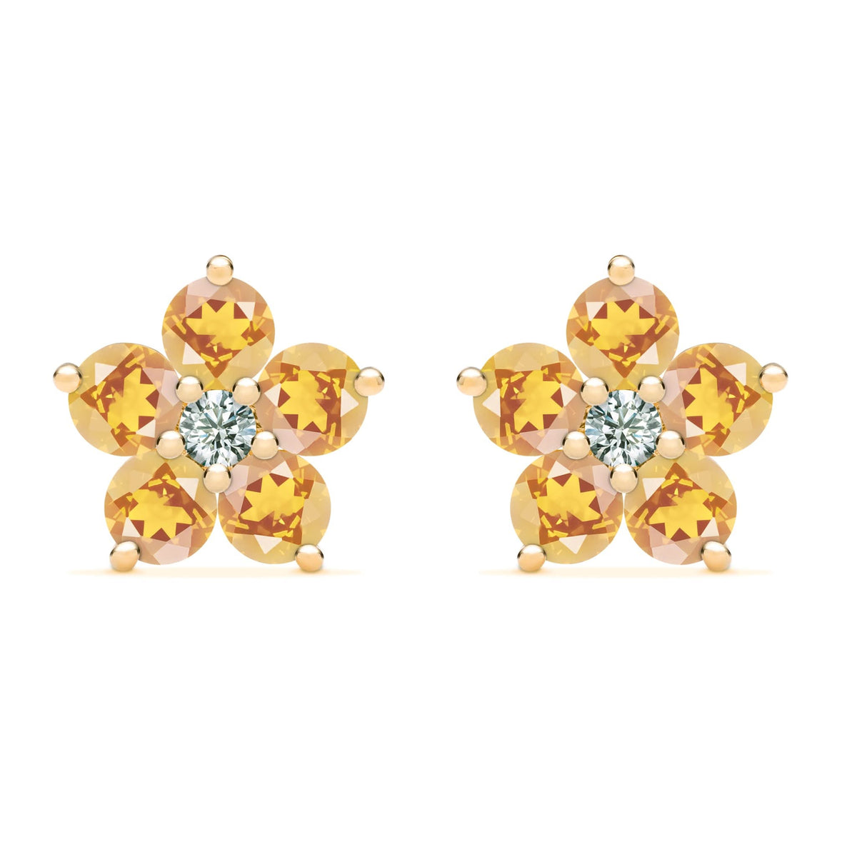 Pair of 14k yellow gold Greenwich 5 Birthstone earrings each featuring five 4 mm citrines and one 2.1 mm diamond