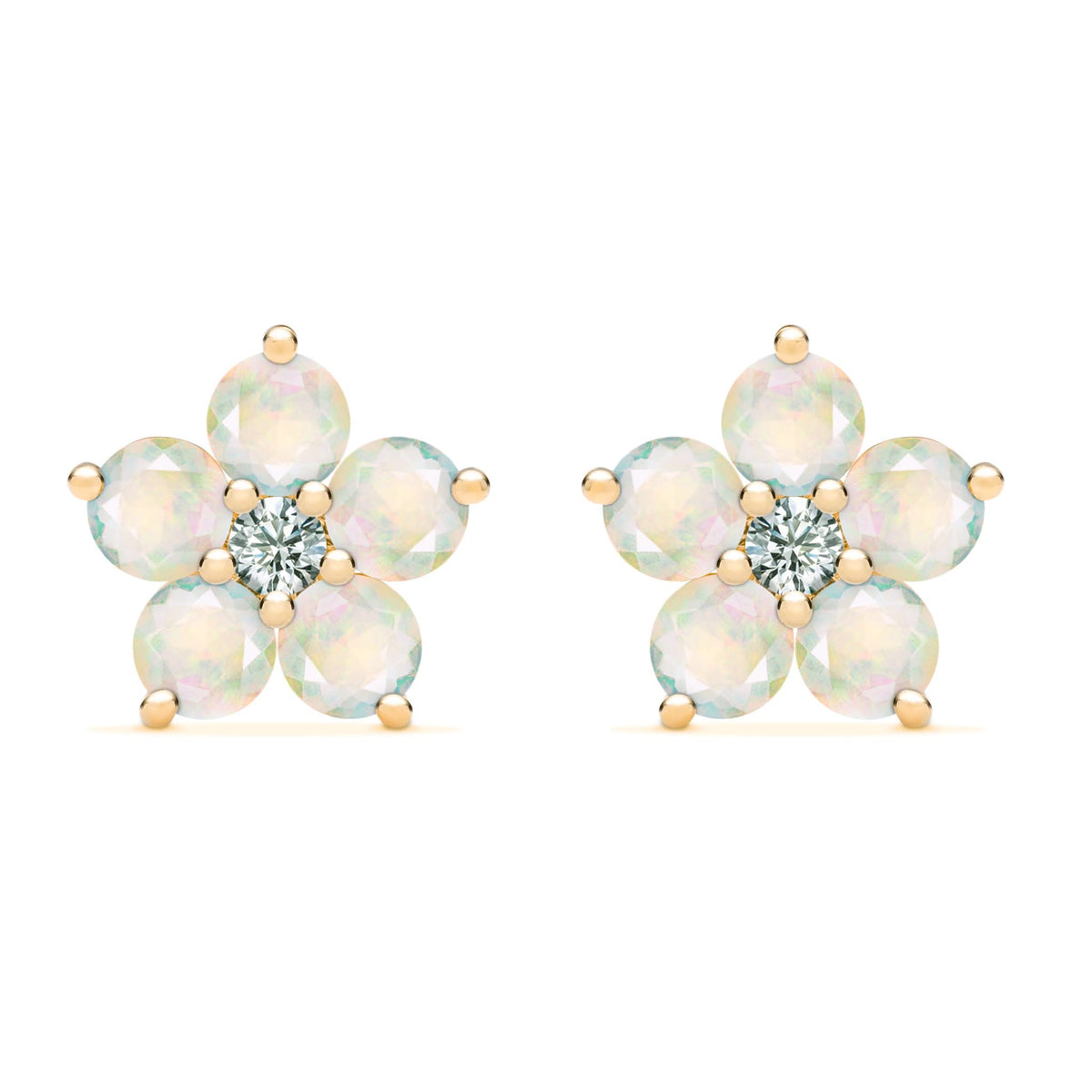 Pair of 14k yellow gold Greenwich 5 Birthstone earrings each featuring five 4 mm opals and one 2.1 mm diamond