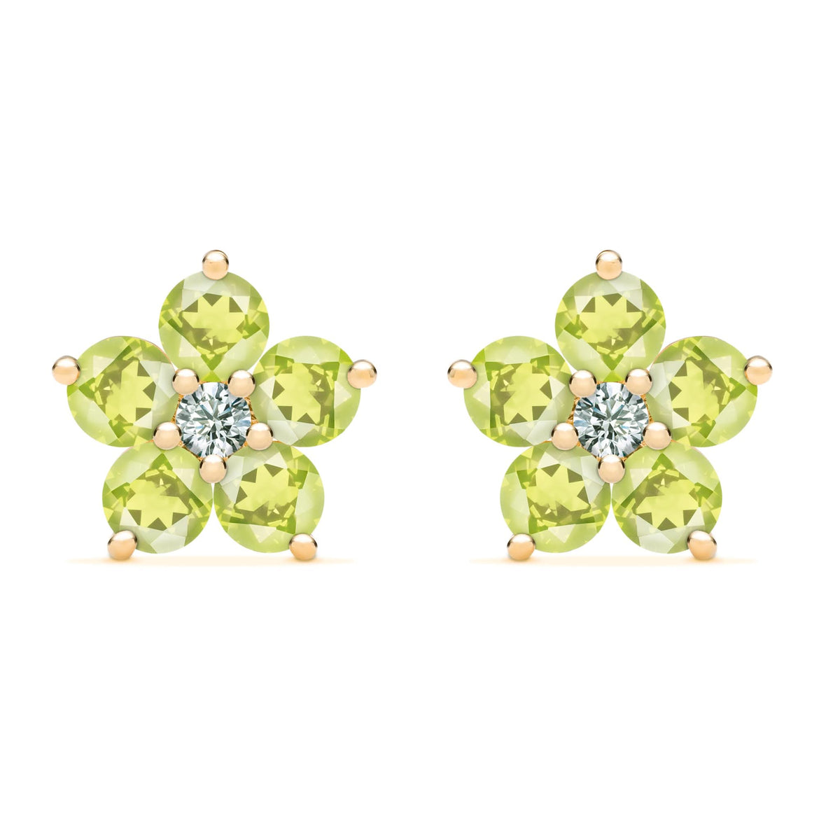 Pair of 14k yellow gold Greenwich 5 Birthstone earrings each featuring five 4 mm peridots and one 2.1 mm diamond