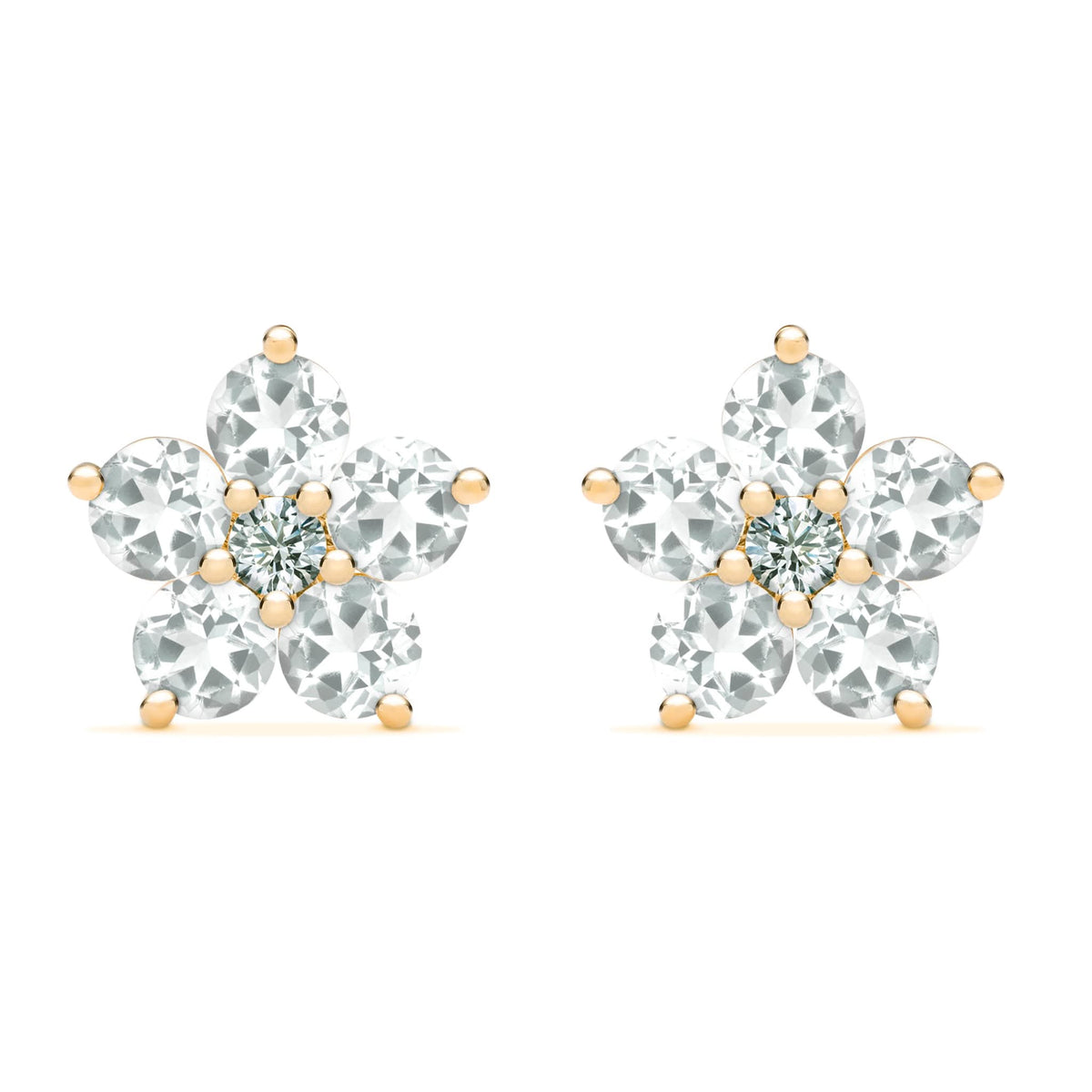 Pair of 14k yellow gold Greenwich 5 Birthstone earrings each featuring five 4 mm white topaz and one 2.1 mm diamond