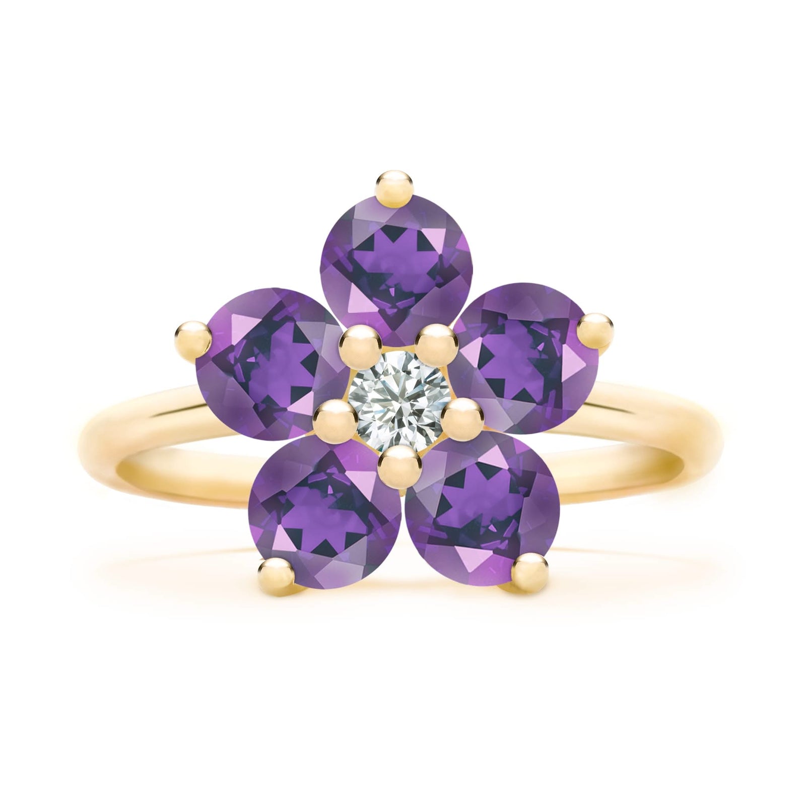 Greenwich ring featuring five 4 mm faceted round cut amethysts and one 2.1 mm diamond prong set in 14k gold - front view