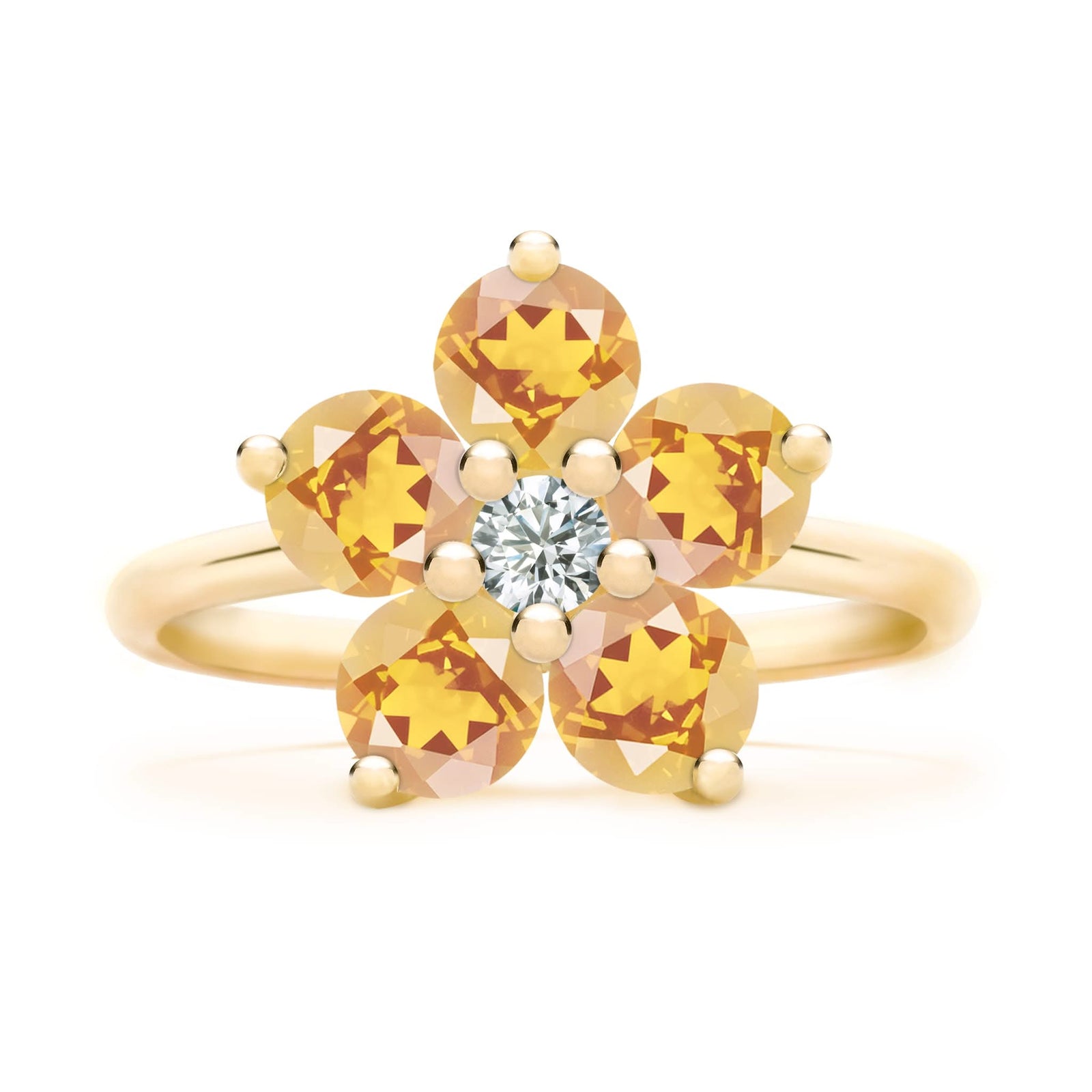 Greenwich ring featuring five 4 mm faceted round cut citrines and one 2.1 mm diamond prong set in 14k gold - front view