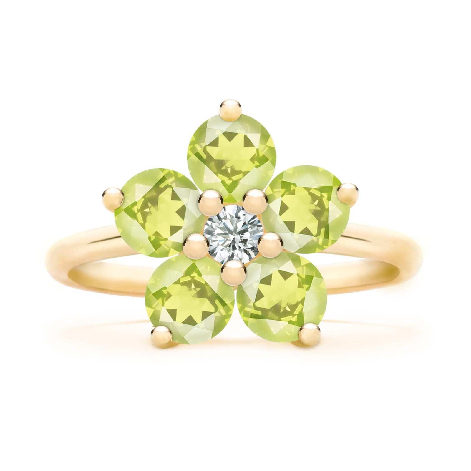 Greenwich ring featuring five 4 mm faceted round cut peridots and one 2.1 mm diamond prong set in 14k gold - front view