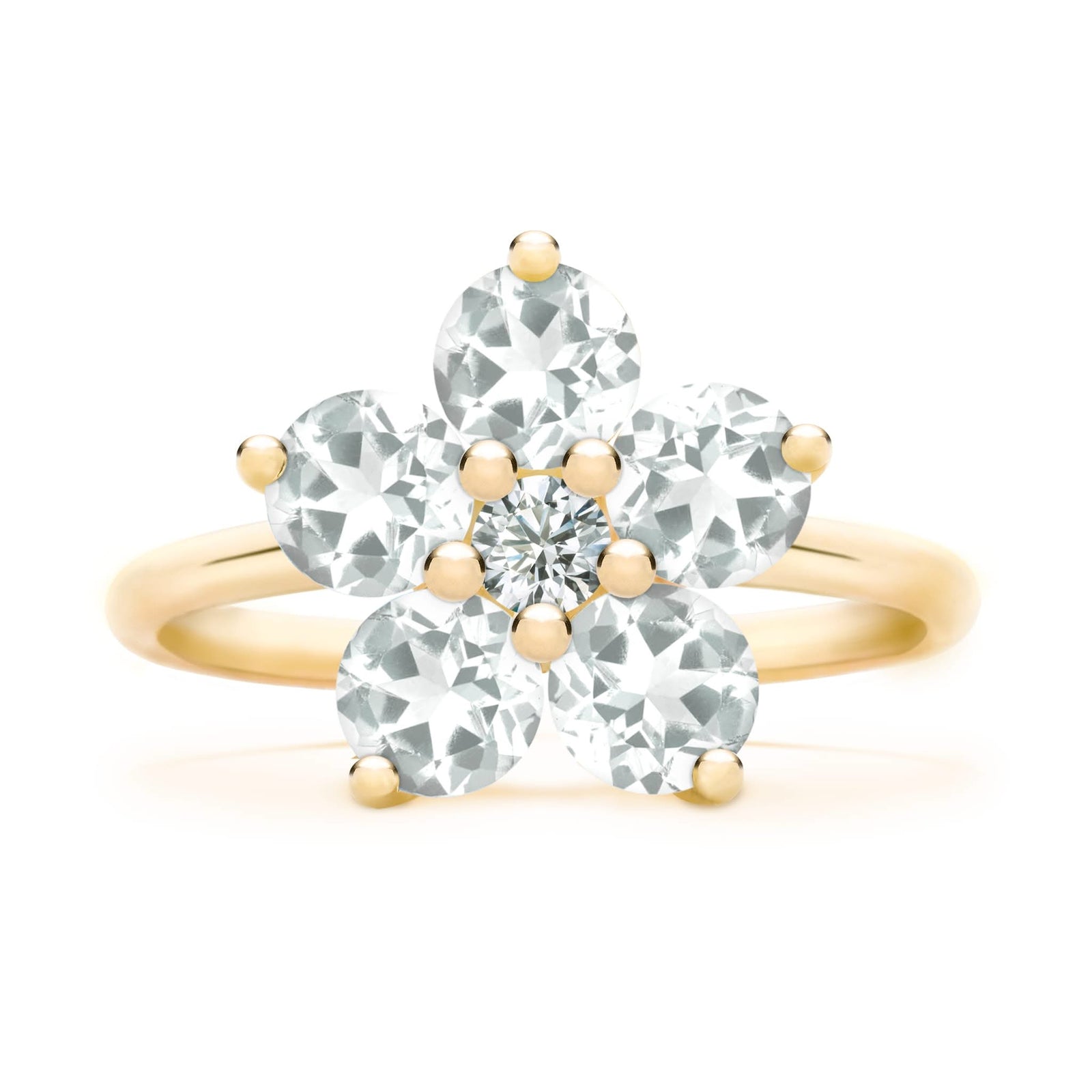 Greenwich ring featuring five 4 mm faceted round cut white topaz and one 2.1 mm diamond prong set in 14k gold - front view