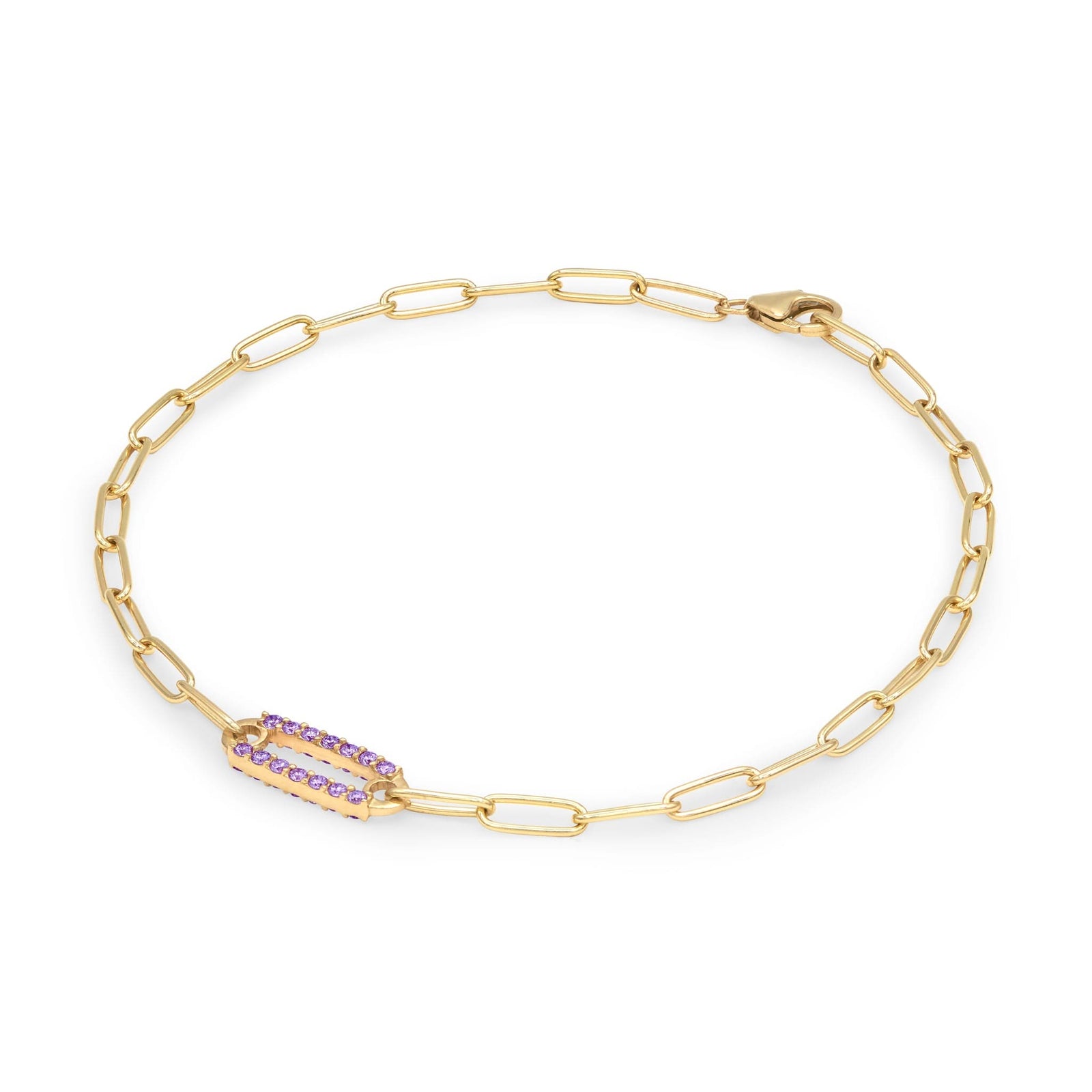 14k yellow gold Adelaide paperclip chain bracelet featuring one link encrusted with 1.5 mm pavé amethysts - angled view