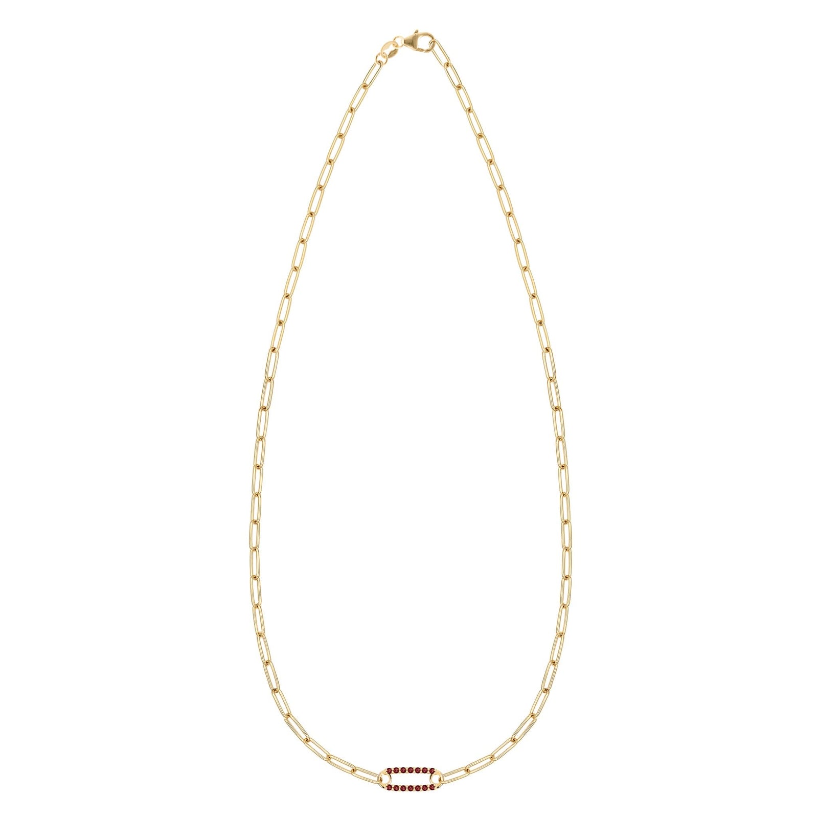 14k yellow gold Adelaide paperclip chain necklace featuring one link encrusted with 1.5 mm pavé garnets