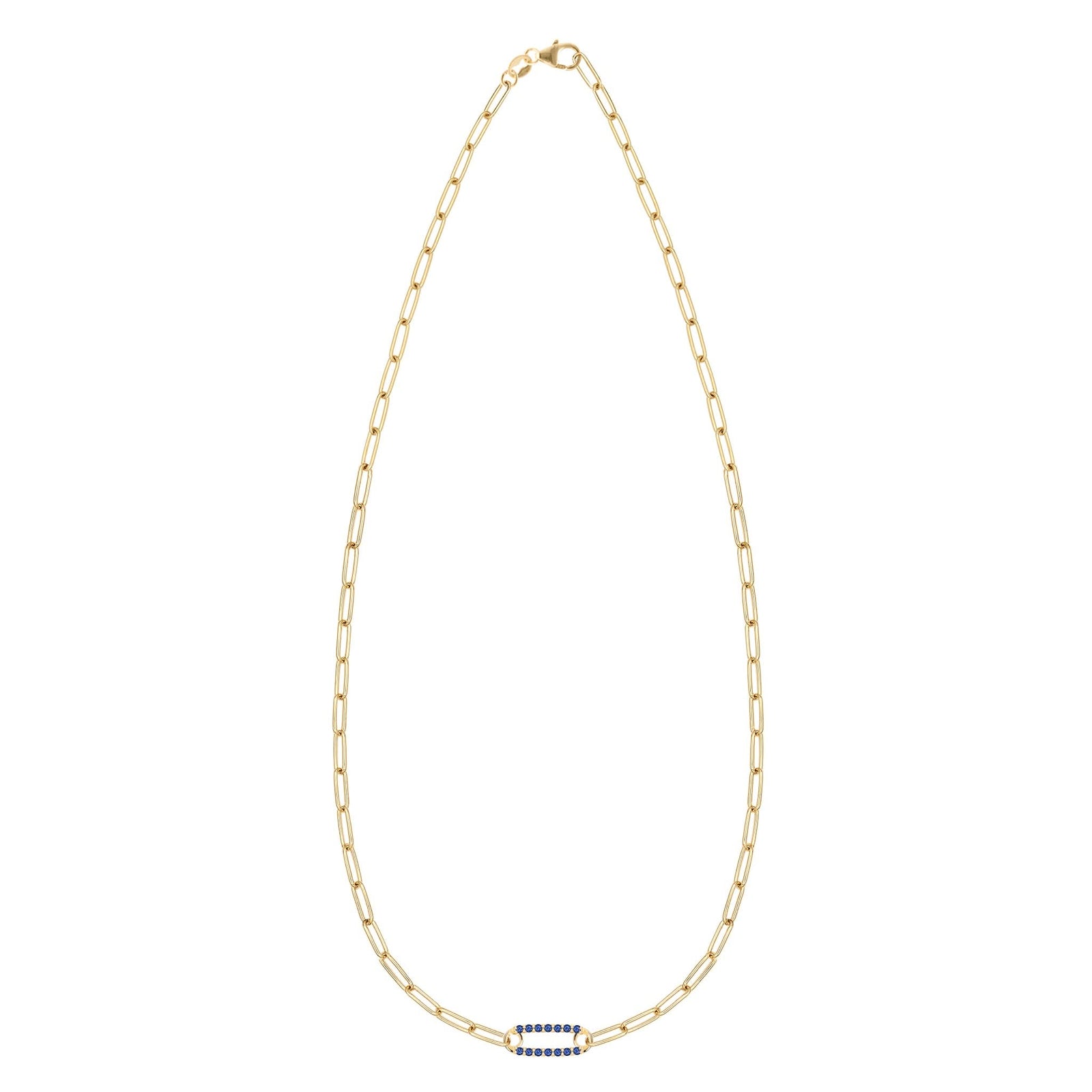 14k yellow gold Adelaide paperclip chain necklace featuring one link encrusted with 1.5 mm pavé sapphires