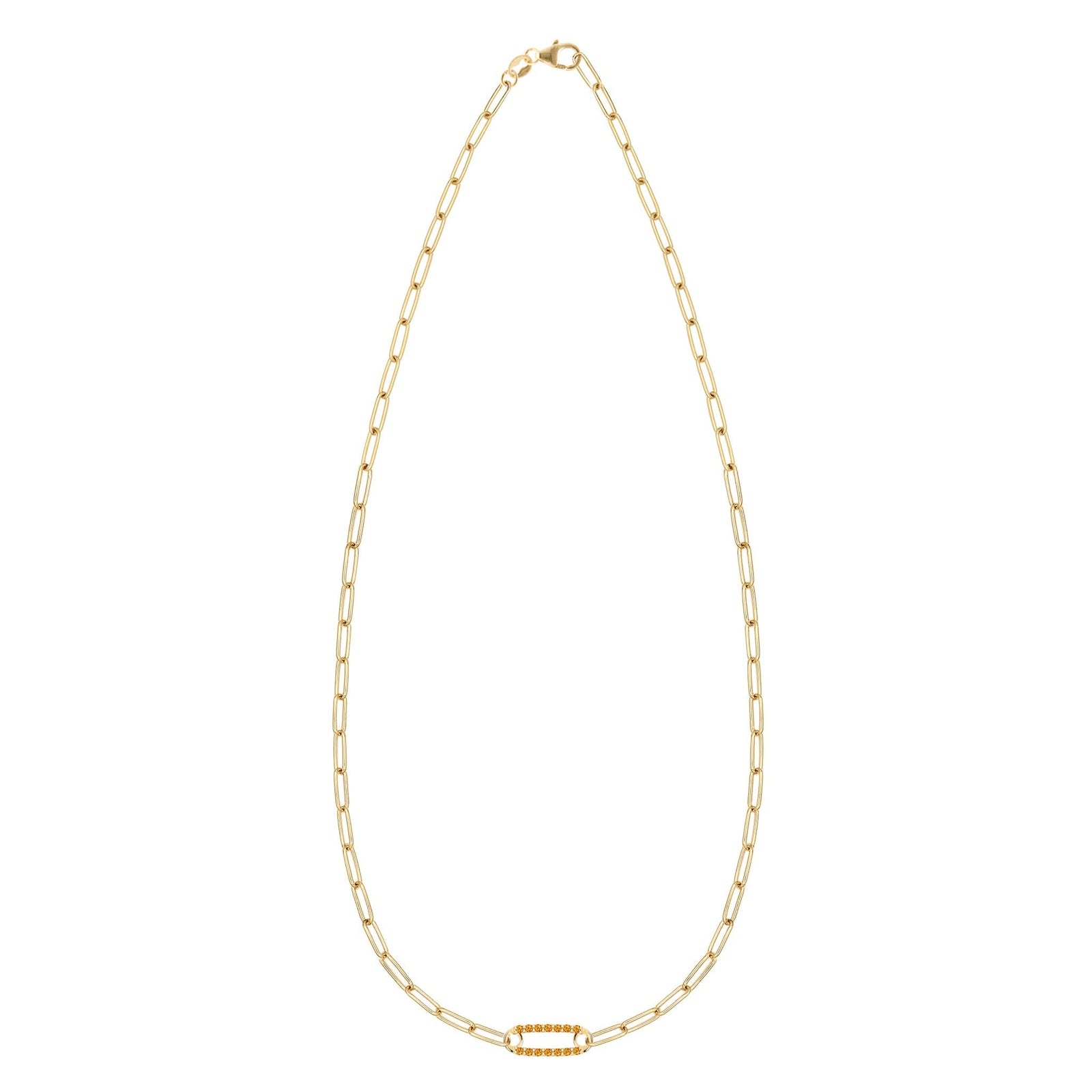 14k yellow gold Adelaide paperclip chain necklace featuring one link encrusted with 1.5 mm pavé citrines