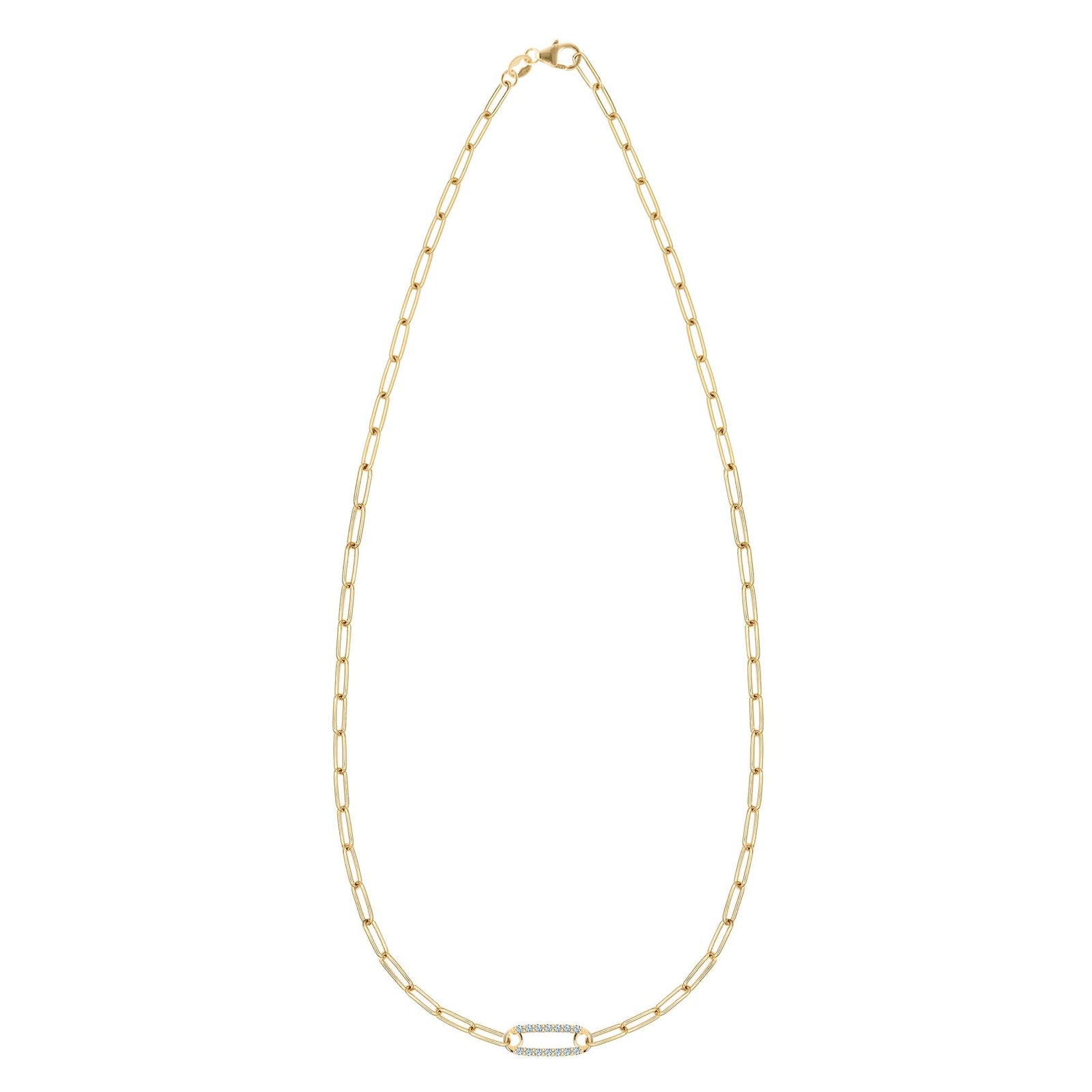 14k gold Adelaide paperclip chain necklace featuring one link encrusted with 1.5 mm pavé Nantucket blue topaz