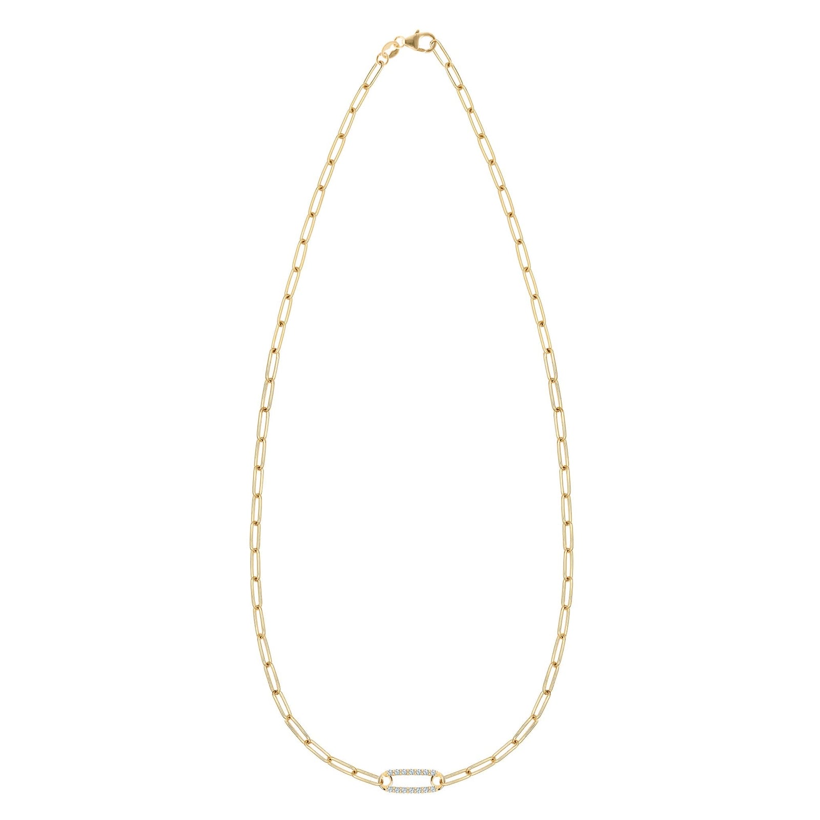 14k yellow gold Adelaide paperclip chain necklace featuring one link encrusted with 1.5 mm pavé aquamarines