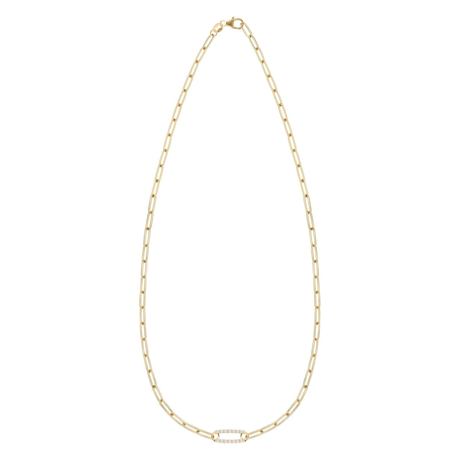 14k yellow gold Adelaide paperclip chain necklace featuring one link encrusted with 1.5 mm pavé diamonds