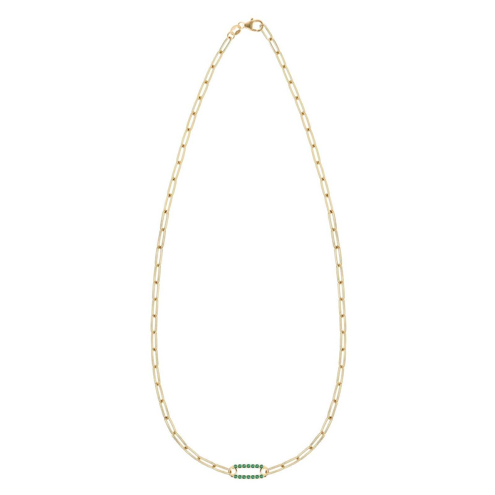 14k yellow gold Adelaide paperclip chain necklace featuring one link encrusted with 1.5 mm pavé emeralds