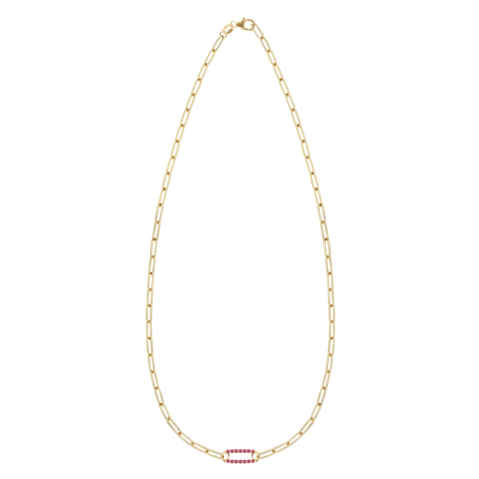 14k yellow gold Adelaide paperclip chain necklace featuring one link encrusted with 1.5 mm pavé rubies