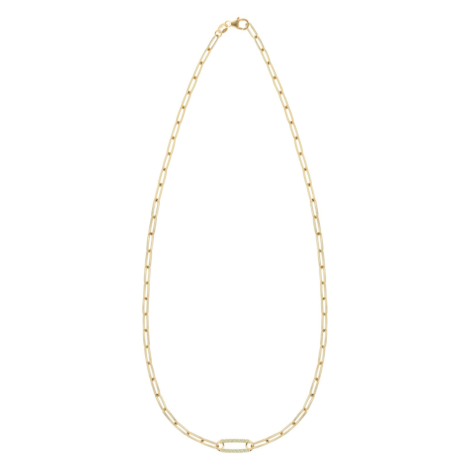 14k yellow gold Adelaide paperclip chain necklace featuring one link encrusted with 1.5 mm pavé peridots