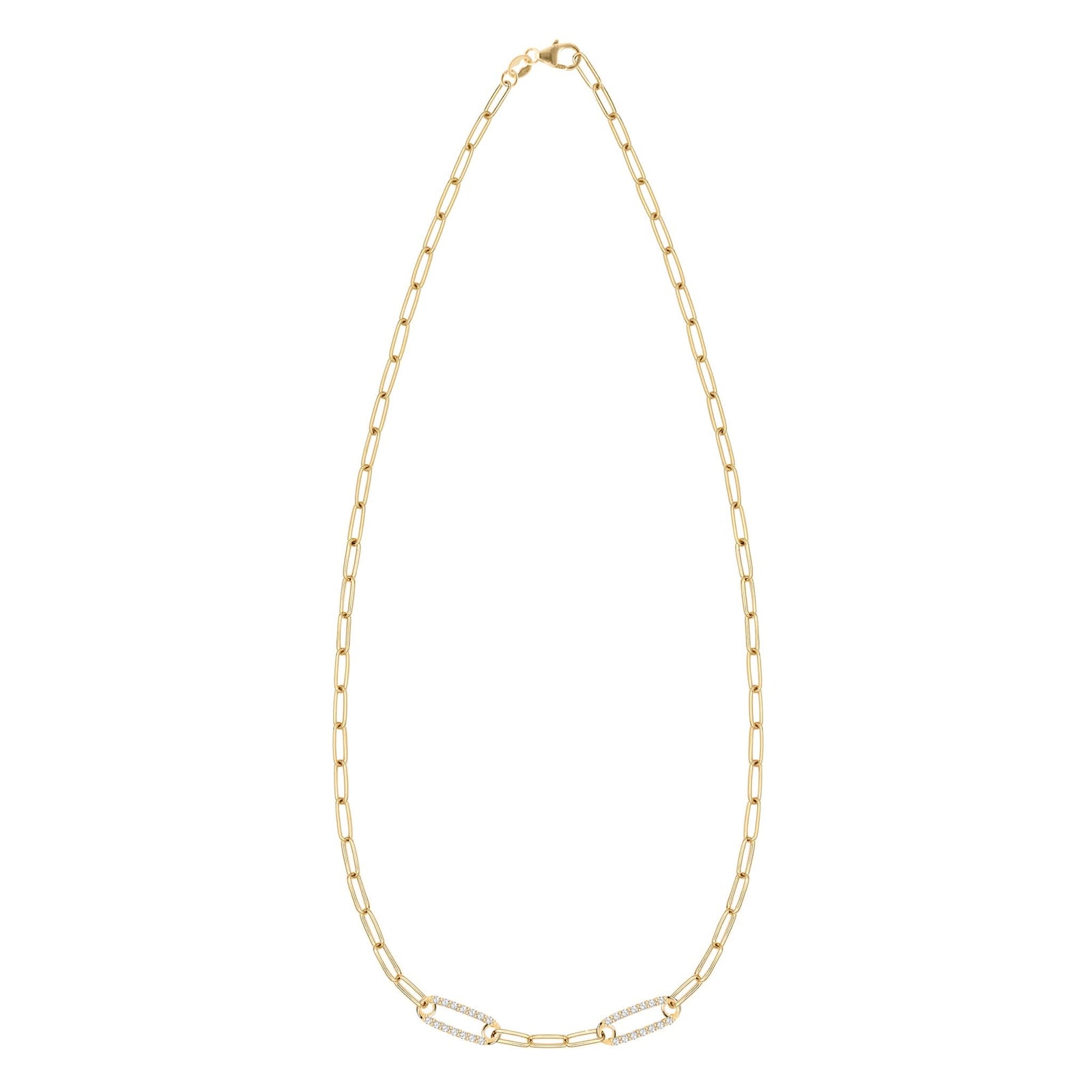 14k yellow gold Adelaide paperclip chain necklace featuring two links encrusted with 1.5 mm pavé white topaz