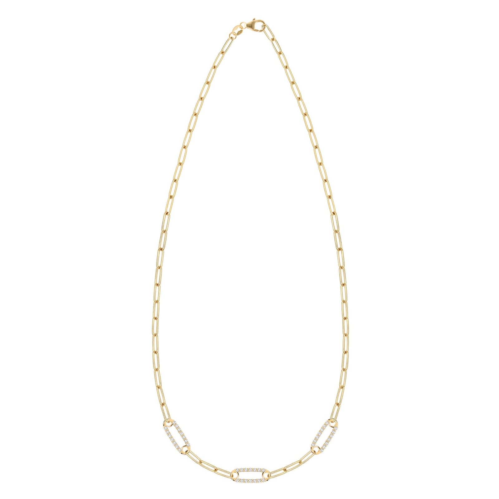 14k yellow gold Adelaide paperclip chain necklace featuring three links encrusted with 1.5 mm pavé white topaz