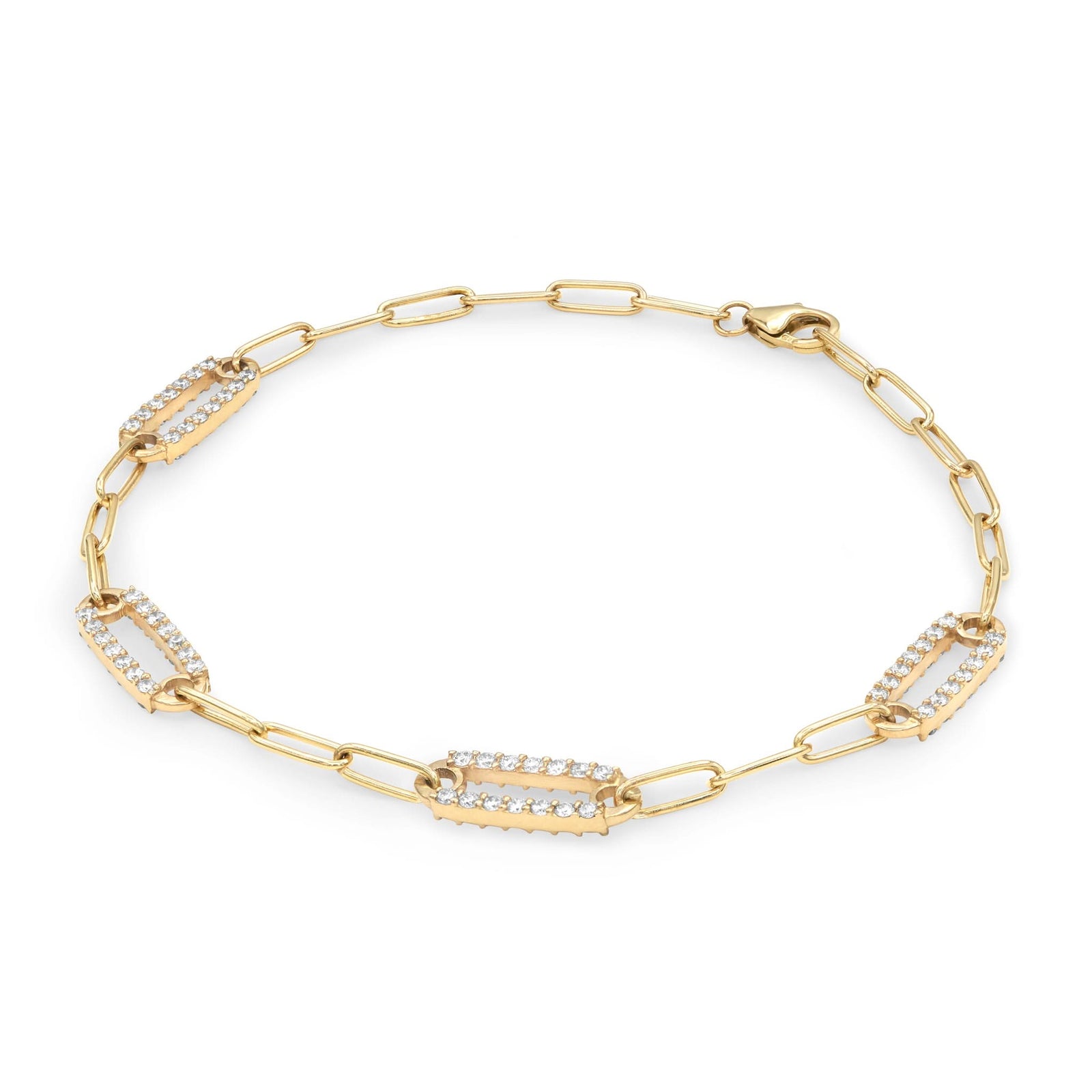 14k yellow gold Adelaide paperclip chain bracelet featuring four links encrusted with 1.5 mm pavé white topaz - angled view